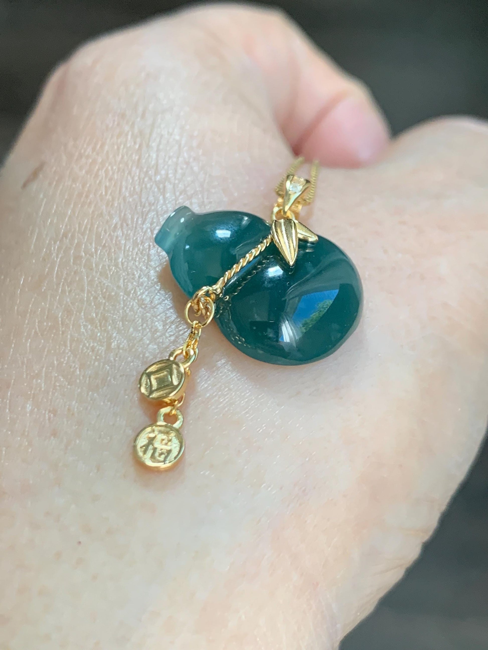 Natural Grade A Guatemalan Icy Highly Translucent Dark Teal Blue Jade Jadeite Gourd Hulu Pendant Sterling Silver 天然冰危深蓝绿翡翠葫芦吊坠 WHL100C