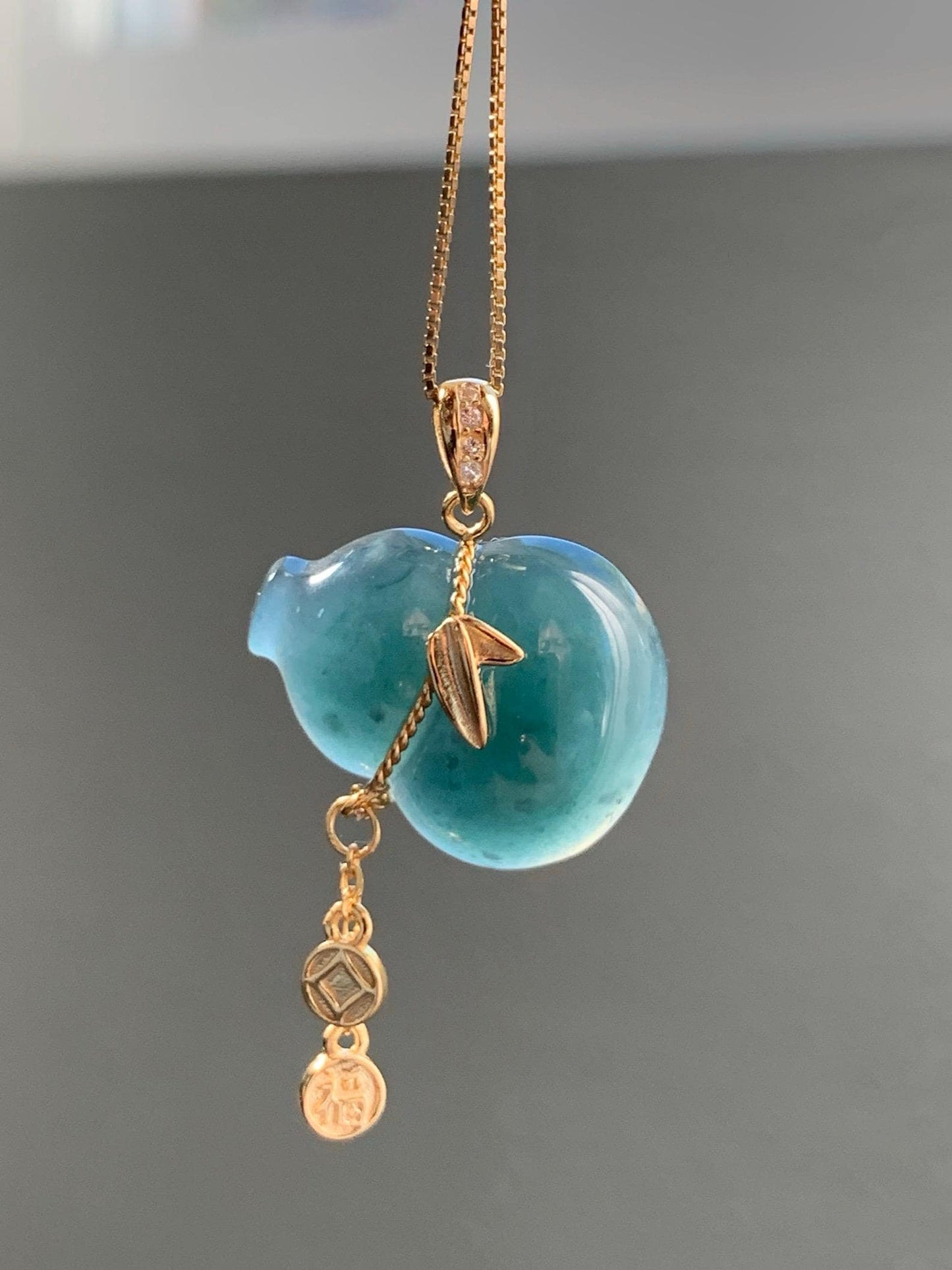 Natural Grade A Guatemalan Icy Highly Translucent Dark Teal Blue Jade Jadeite Gourd Hulu Pendant Sterling Silver 天然冰危深蓝绿翡翠葫芦吊坠 WHL100C