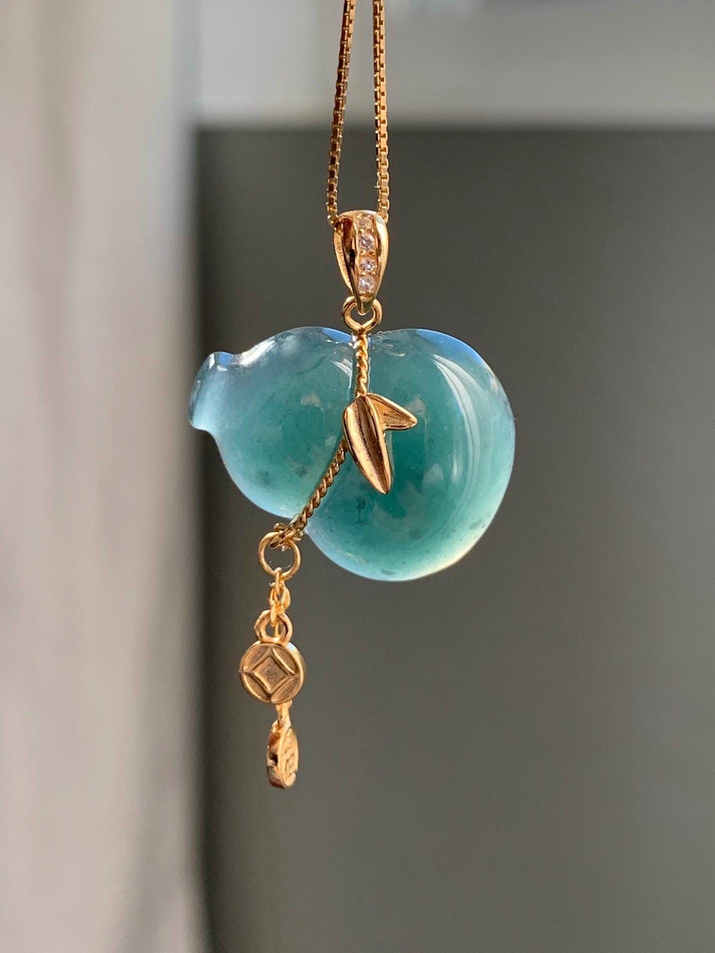 Natural Grade A Guatemalan Icy Highly Translucent Dark Teal Blue Jade Jadeite Gourd Hulu Pendant Sterling Silver 天然冰危深蓝绿翡翠葫芦吊坠 WHL100C