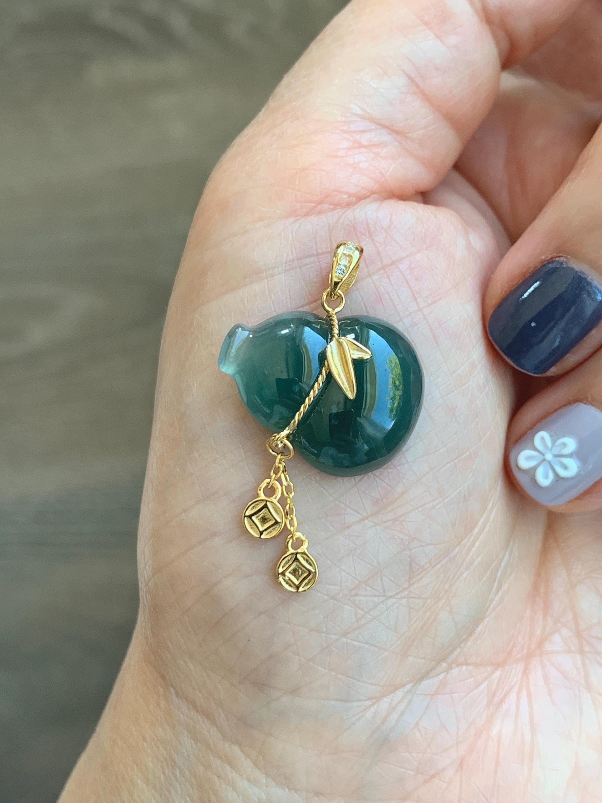 Natural Grade A Guatemalan Icy Highly Translucent Dark Teal Blue Jade Jadeite Gourd Hulu Pendant Sterling Silver 天然冰危深蓝绿翡翠葫芦吊坠 WHL100C