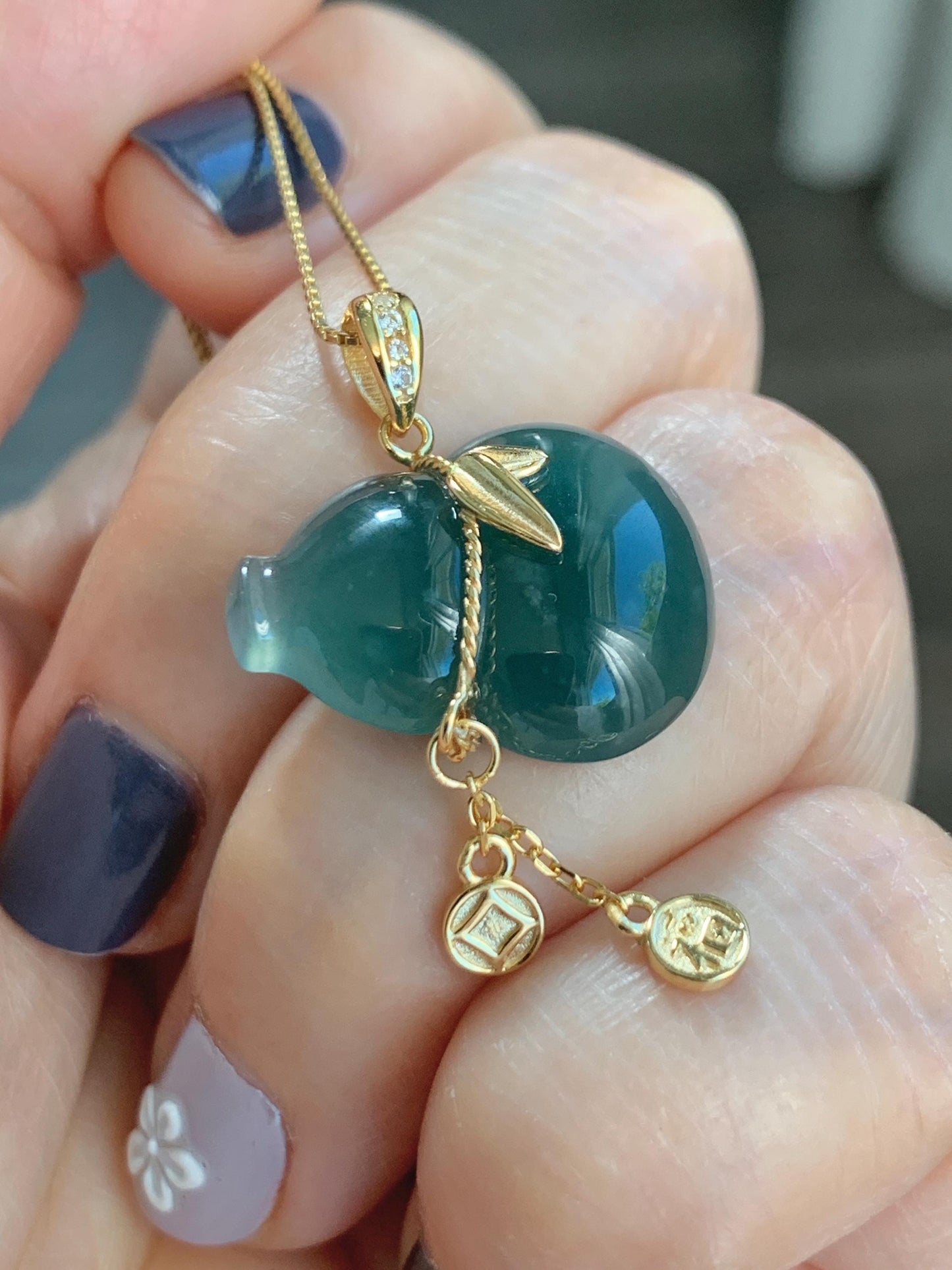 Natural Grade A Guatemalan Icy Highly Translucent Dark Teal Blue Jade Jadeite Gourd Hulu Pendant Sterling Silver 天然冰危深蓝绿翡翠葫芦吊坠 WHL100C