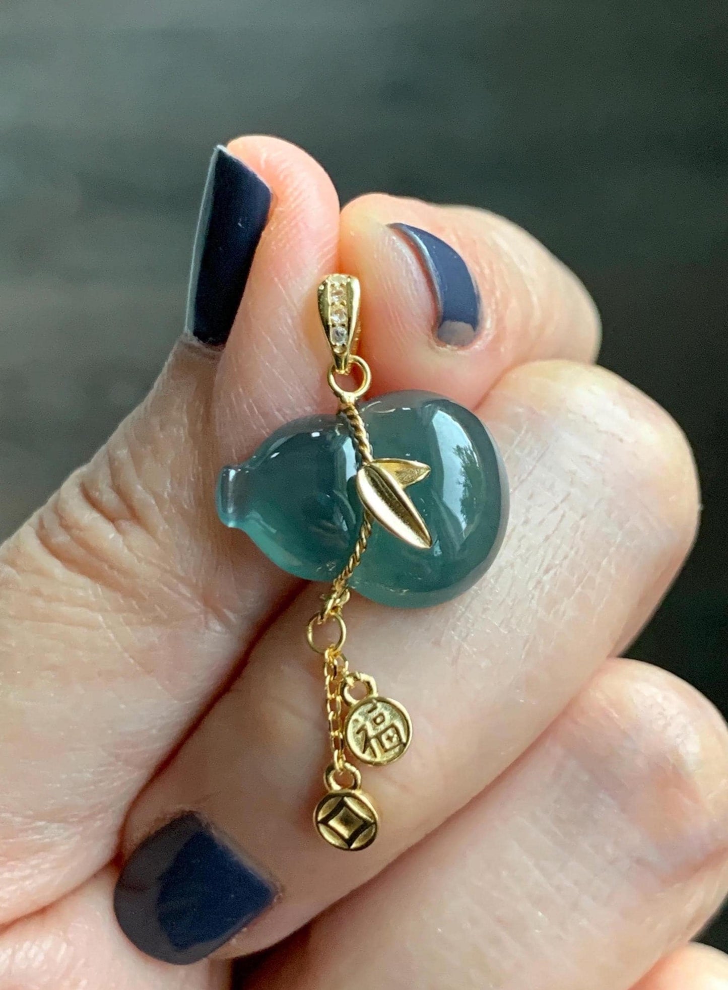 Natural Grade A Guatemalan Icy Highly Translucent Dark Teal Blue Jade Jadeite Gourd Hulu Pendant Sterling Silver 天然冰危深蓝绿翡翠葫芦吊坠 WHL100A