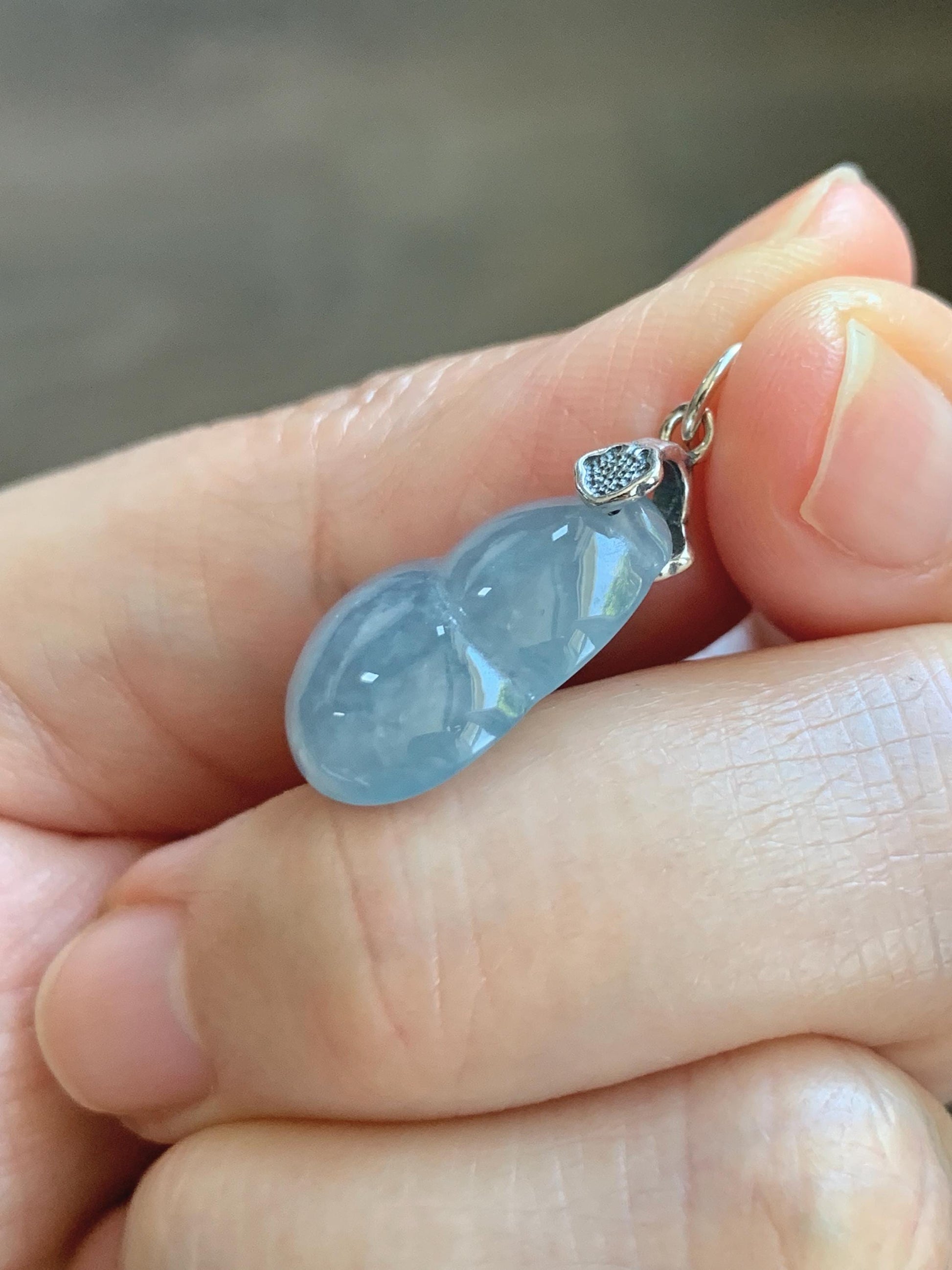 Natural Grade A Guatemalan Icy Highly Translucent Dusty Light Blue Jade Jadeite Gourd Hulu Pendant Sterling Silver 天然冰危蓝翡翠葫芦吊坠 WDB110-3