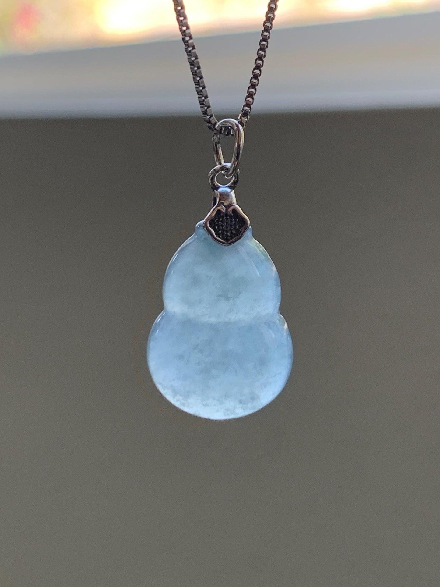Natural Grade A Guatemalan Icy Highly Translucent Dusty Light Blue Jade Jadeite Gourd Hulu Pendant Sterling Silver 天然冰危蓝翡翠葫芦吊坠 WDB110-3