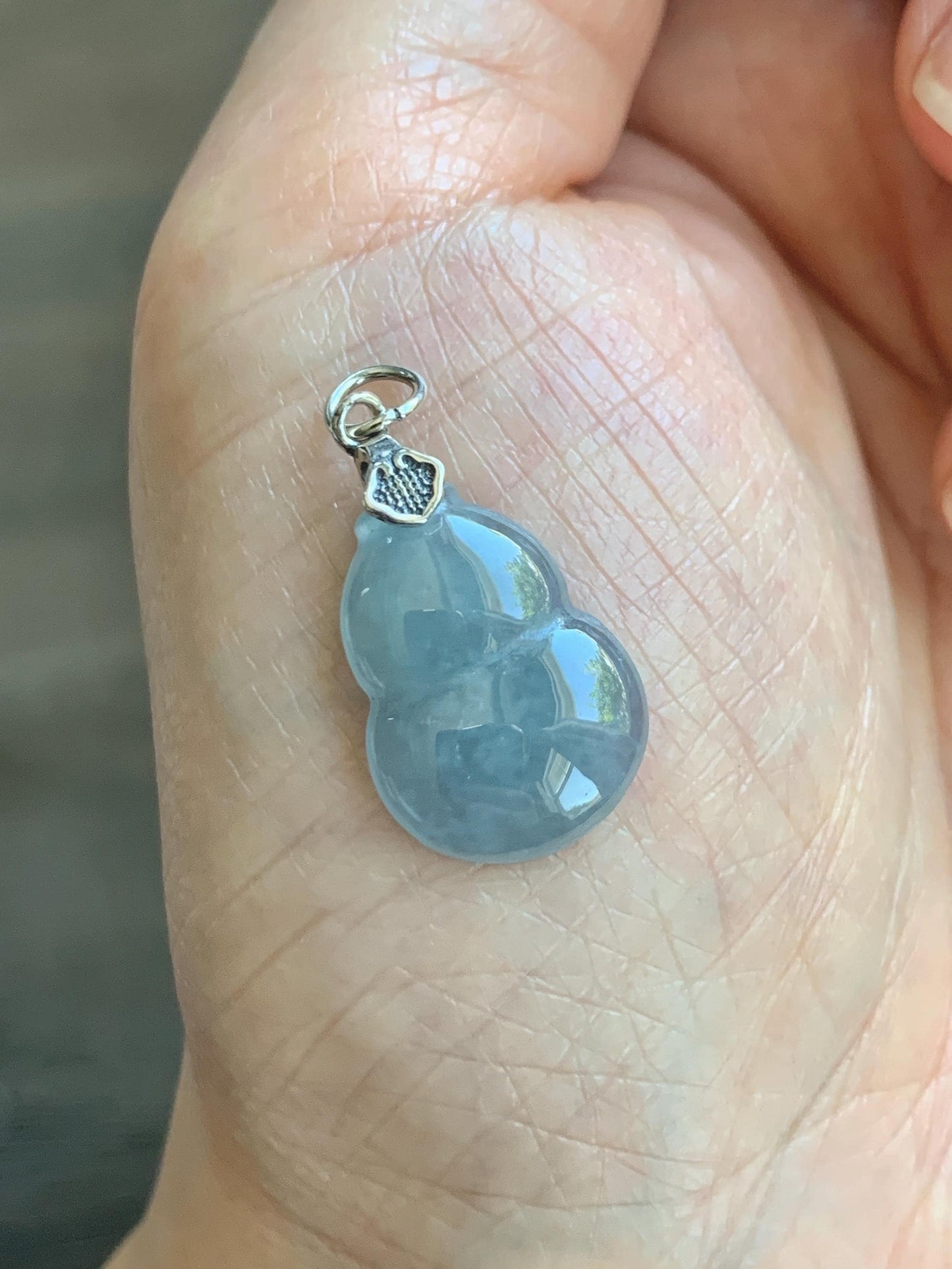 Natural Grade A Guatemalan Icy Highly Translucent Dusty Light Blue Jade Jadeite Gourd Hulu Pendant Sterling Silver 天然冰危蓝翡翠葫芦吊坠 WDB110-3