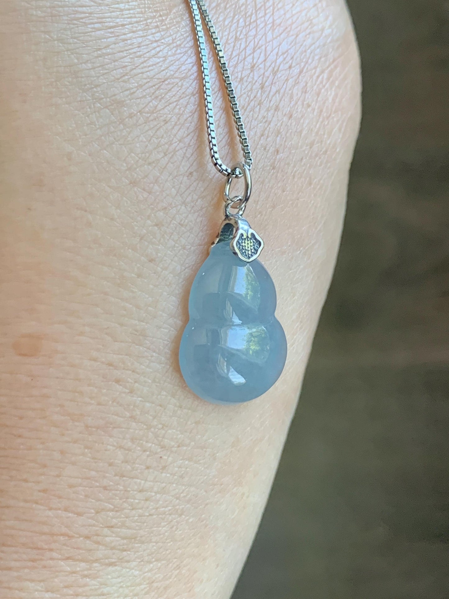 Natural Grade A Guatemalan Icy Highly Translucent Dusty Light Blue Jade Jadeite Gourd Hulu Pendant Sterling Silver 天然冰危蓝翡翠葫芦吊坠 WDB110-3