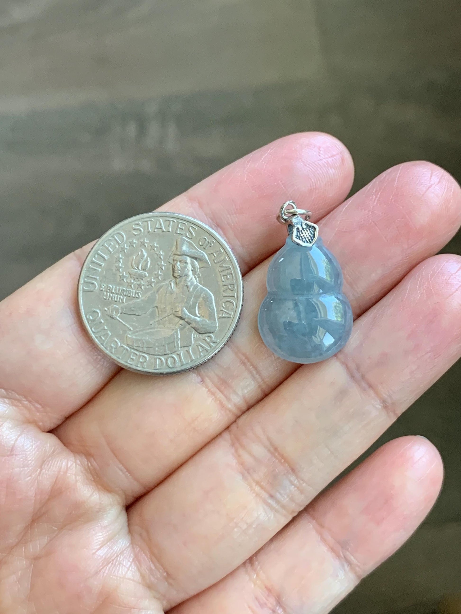 Natural Grade A Guatemalan Icy Highly Translucent Dusty Light Blue Jade Jadeite Gourd Hulu Pendant Sterling Silver 天然冰危蓝翡翠葫芦吊坠 WDB110-3