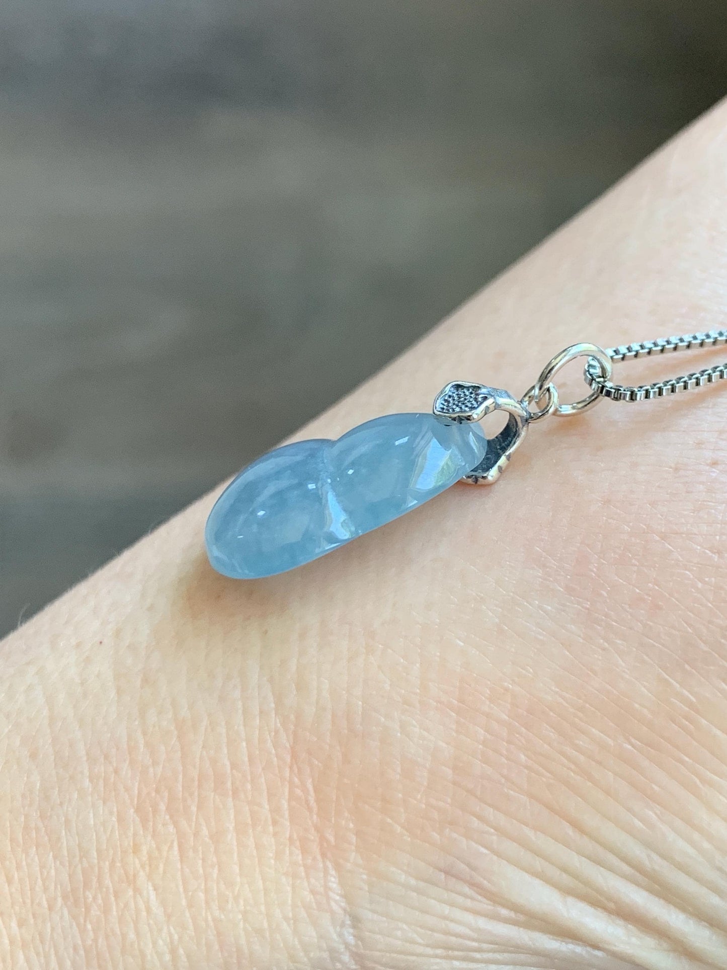 Natural Grade A Guatemalan Icy Highly Translucent Dusty Light Blue Jade Jadeite Gourd Hulu Pendant Sterling Silver 天然冰危蓝翡翠葫芦吊坠 WDB110-3