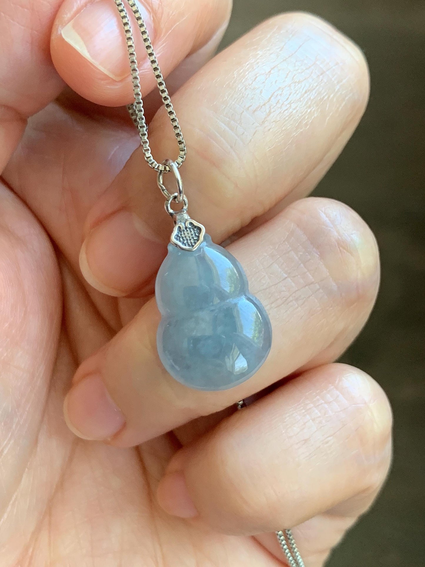 Natural Grade A Guatemalan Icy Highly Translucent Dusty Light Blue Jade Jadeite Gourd Hulu Pendant Sterling Silver 天然冰危蓝翡翠葫芦吊坠 WDB110-3