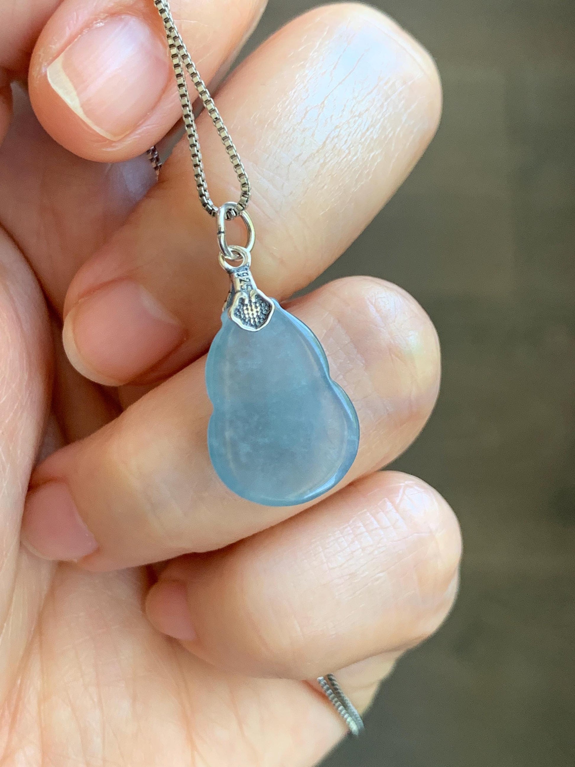 Natural Grade A Guatemalan Icy Highly Translucent Dusty Light Blue Jade Jadeite Gourd Hulu Pendant Sterling Silver 天然冰危蓝翡翠葫芦吊坠 WDB110-3