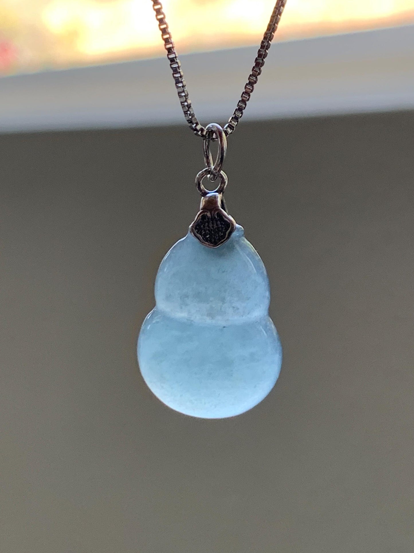 Natural Grade A Guatemalan Icy Highly Translucent Dusty Blue Jade Jadeite Gourd Hulu Pendant Sterling Silver 天然冰危蓝翡翠葫芦吊坠 WDB110-2