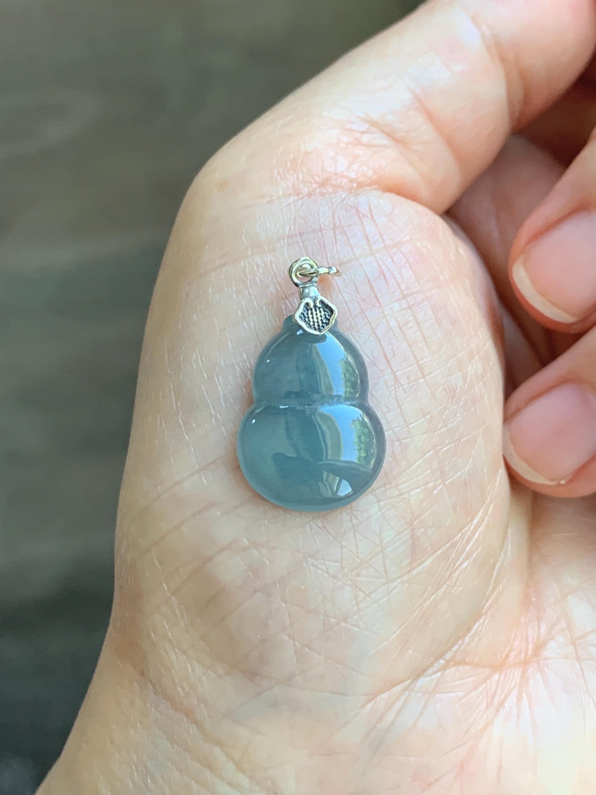 Natural Grade A Guatemalan Icy Highly Translucent Dusty Blue Jade Jadeite Gourd Hulu Pendant Sterling Silver 天然冰危蓝翡翠葫芦吊坠 WDB110-2