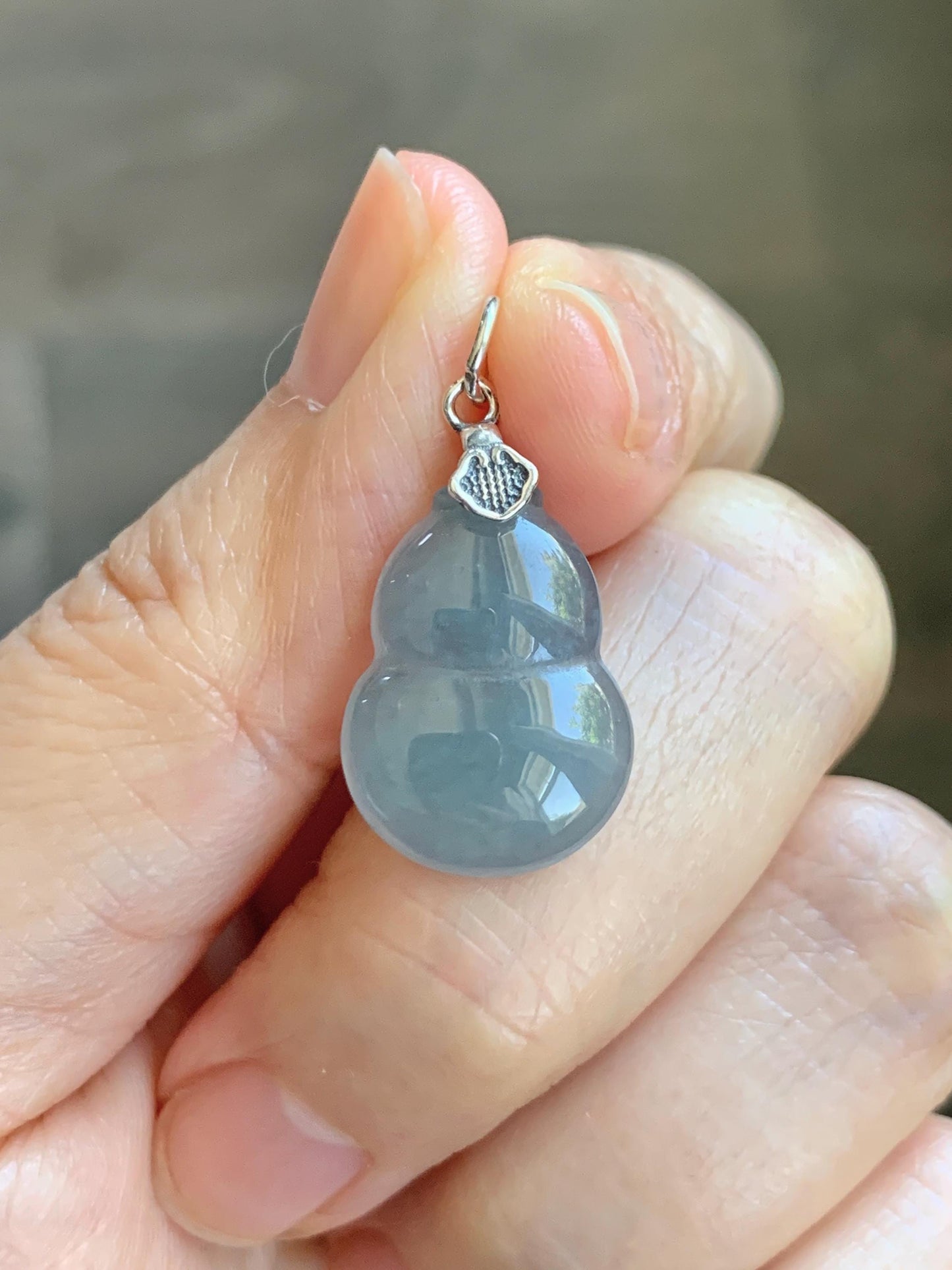 Natural Grade A Guatemalan Icy Highly Translucent Dusty Blue Jade Jadeite Gourd Hulu Pendant Sterling Silver 天然冰危蓝翡翠葫芦吊坠 WDB110-2