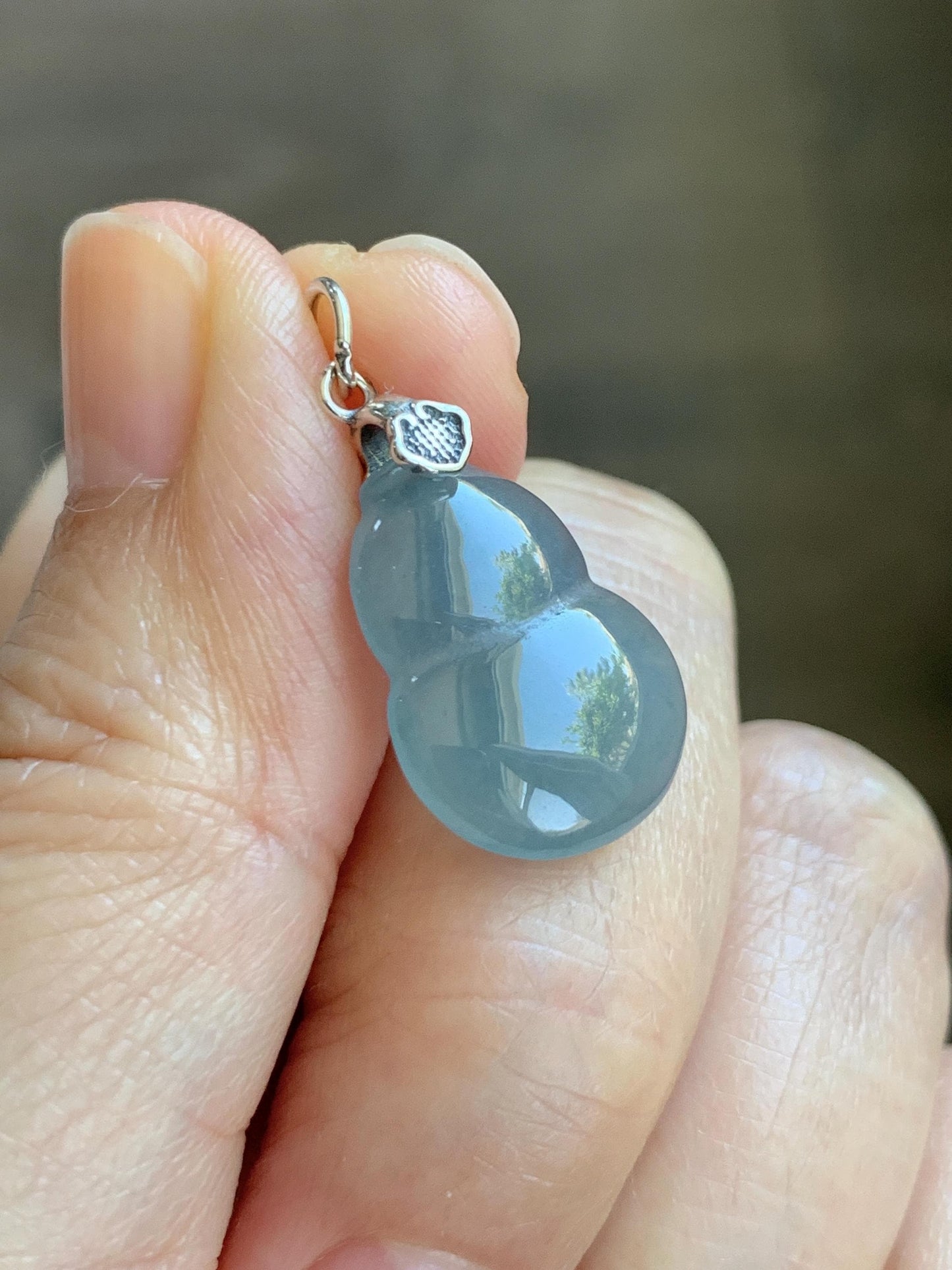 Natural Grade A Guatemalan Icy Highly Translucent Dusty Blue Jade Jadeite Gourd Hulu Pendant Sterling Silver 天然冰危蓝翡翠葫芦吊坠 WDB110-2