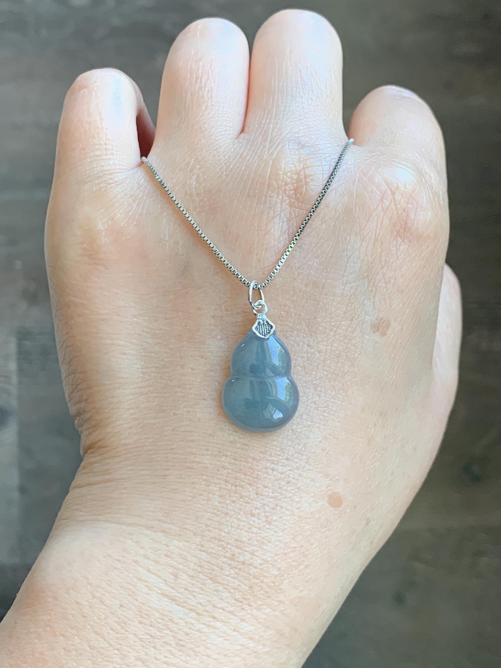 Natural Grade A Guatemalan Icy Highly Translucent Dusty Blue Jade Jadeite Gourd Hulu Pendant Sterling Silver 天然冰危蓝翡翠葫芦吊坠 WDB110-2