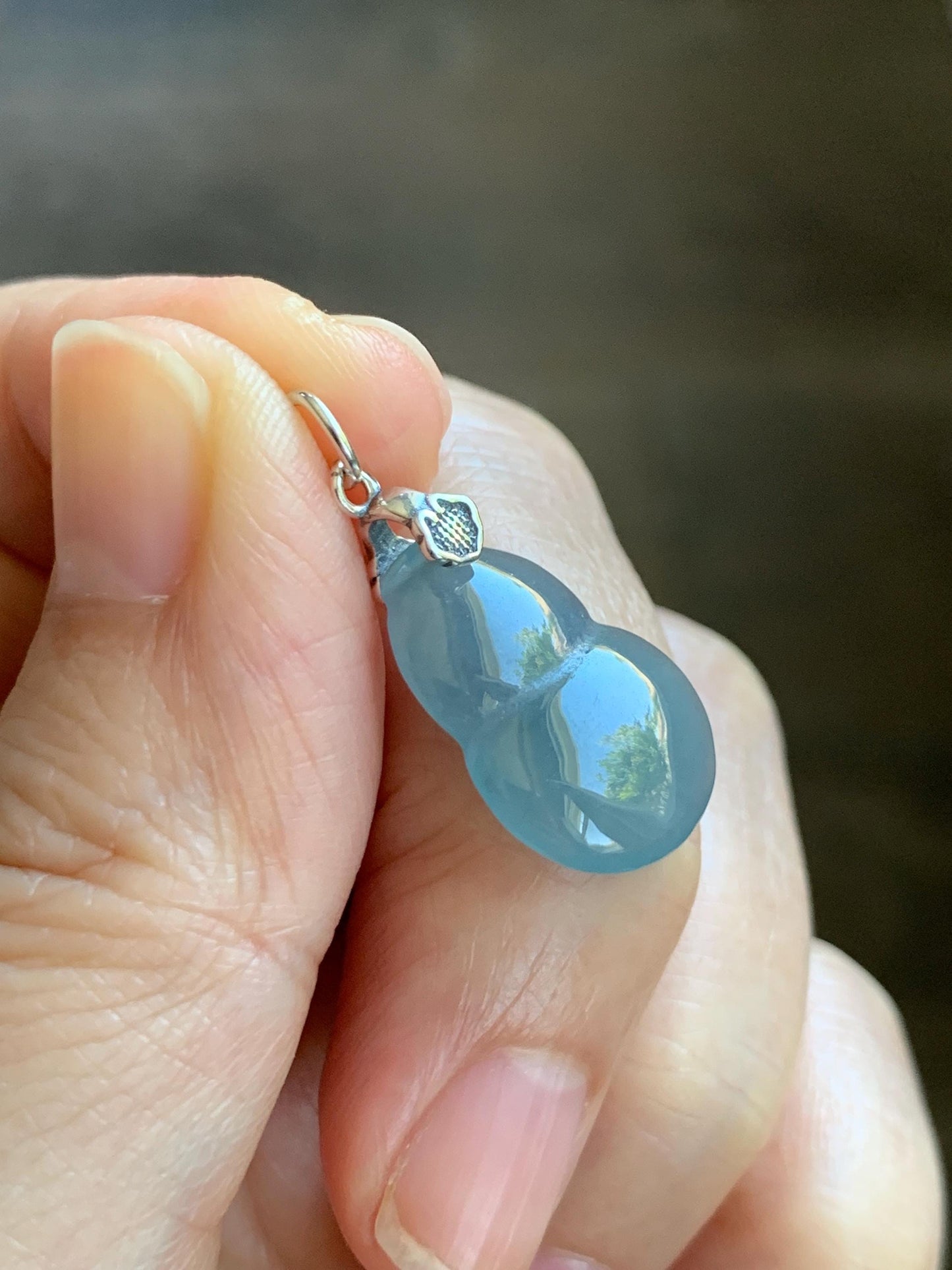 Natural Grade A Guatemalan Icy Highly Translucent Dusty Blue Jade Jadeite Gourd Hulu Pendant Sterling Silver 天然冰危蓝翡翠葫芦吊坠 WDB110-2