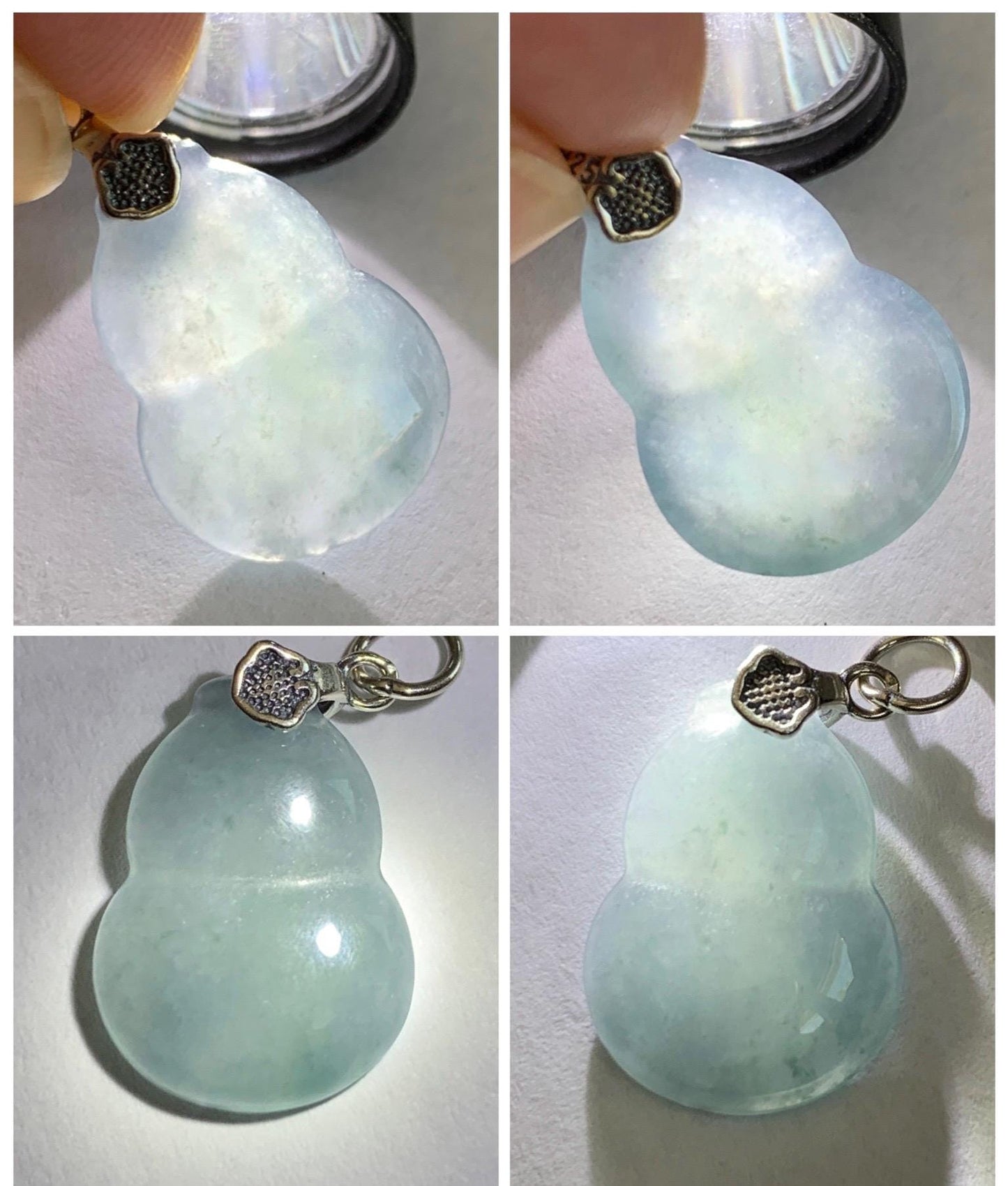 Natural Grade A Guatemalan Icy Highly Translucent Dusty Blue Jade Jadeite Gourd Hulu Pendant Sterling Silver 天然冰危蓝翡翠葫芦吊坠 WDB110-1