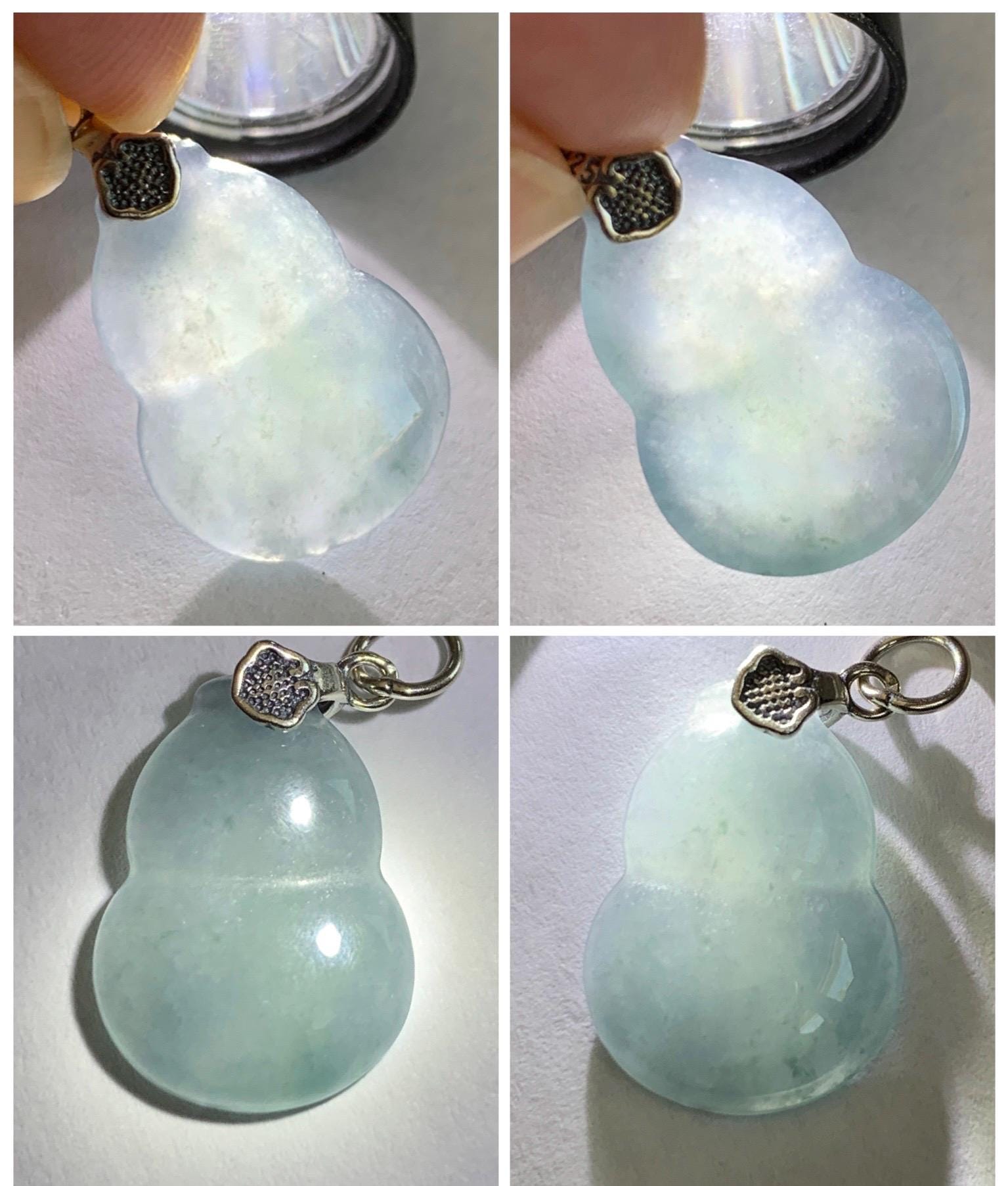 Natural Grade A Guatemalan Icy Highly Translucent Dusty Blue Jade Jadeite Gourd Hulu Pendant Sterling Silver 天然冰危蓝翡翠葫芦吊坠 WDB110-1