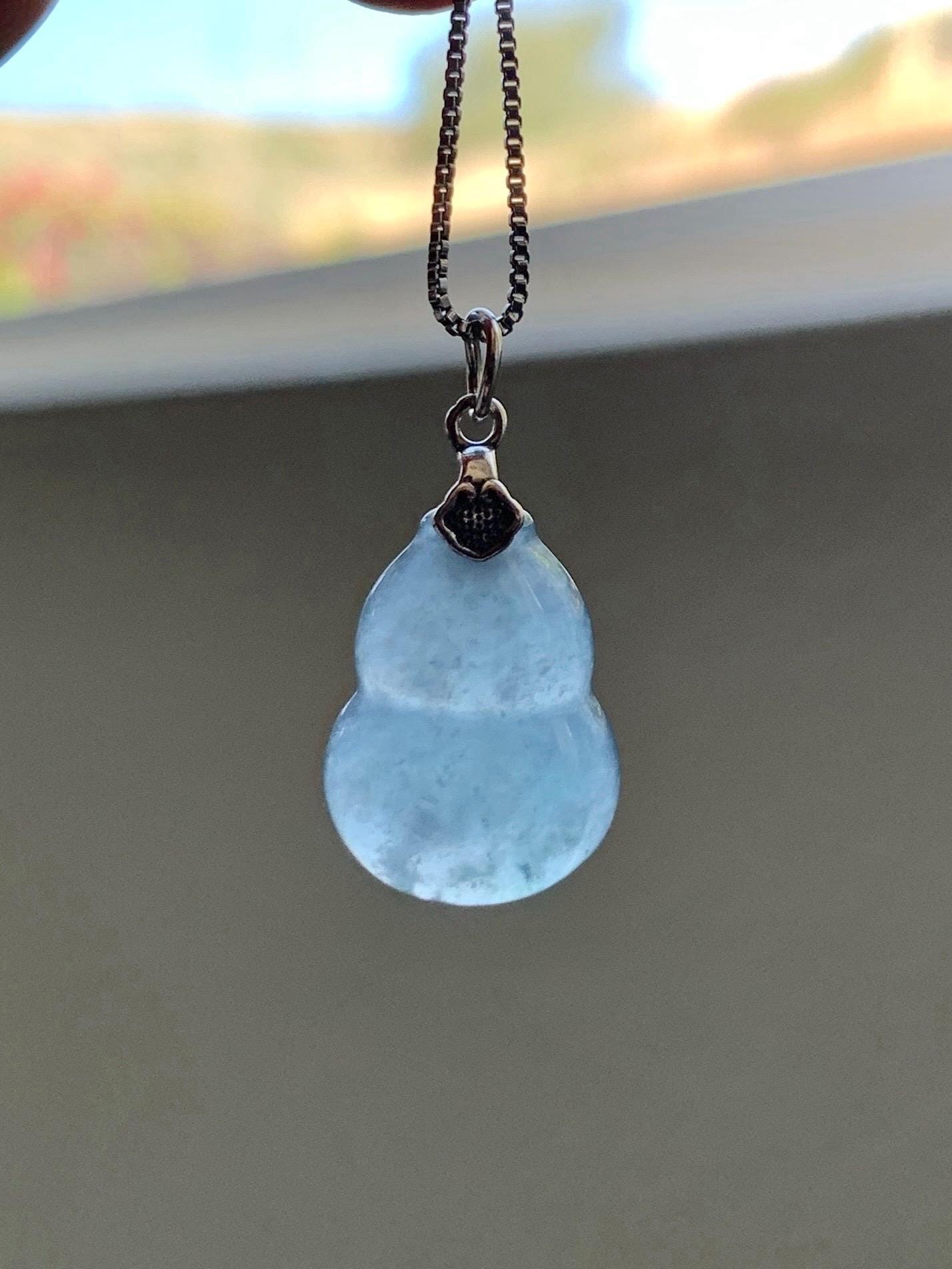 Natural Grade A Guatemalan Icy Highly Translucent Dusty Blue Jade Jadeite Gourd Hulu Pendant Sterling Silver 天然冰危蓝翡翠葫芦吊坠 WDB110-1