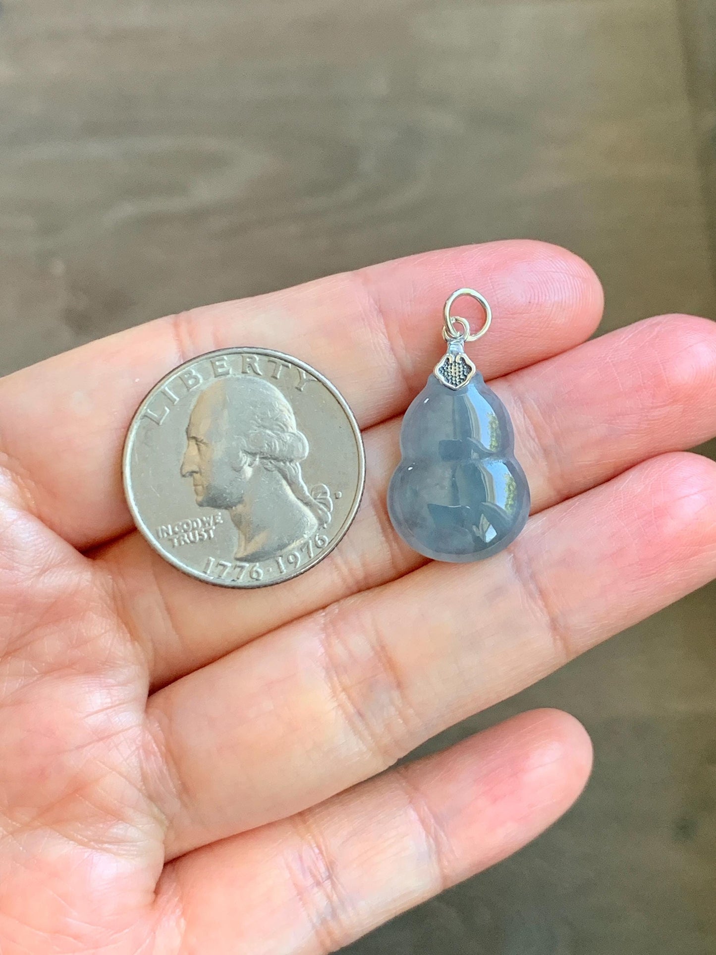 Natural Grade A Guatemalan Icy Highly Translucent Dusty Blue Jade Jadeite Gourd Hulu Pendant Sterling Silver 天然冰危蓝翡翠葫芦吊坠 WDB110-1
