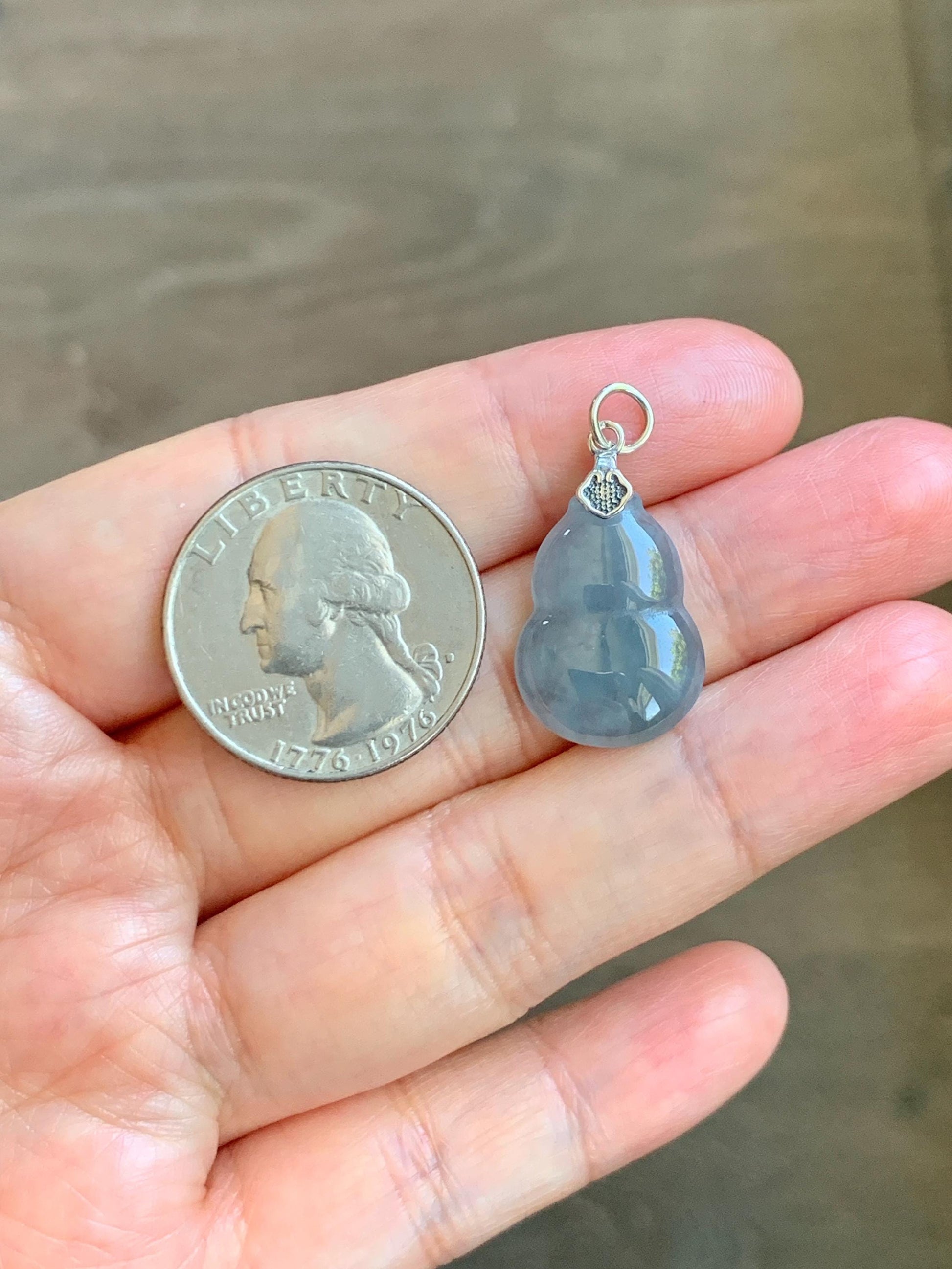 Natural Grade A Guatemalan Icy Highly Translucent Dusty Blue Jade Jadeite Gourd Hulu Pendant Sterling Silver 天然冰危蓝翡翠葫芦吊坠 WDB110-1