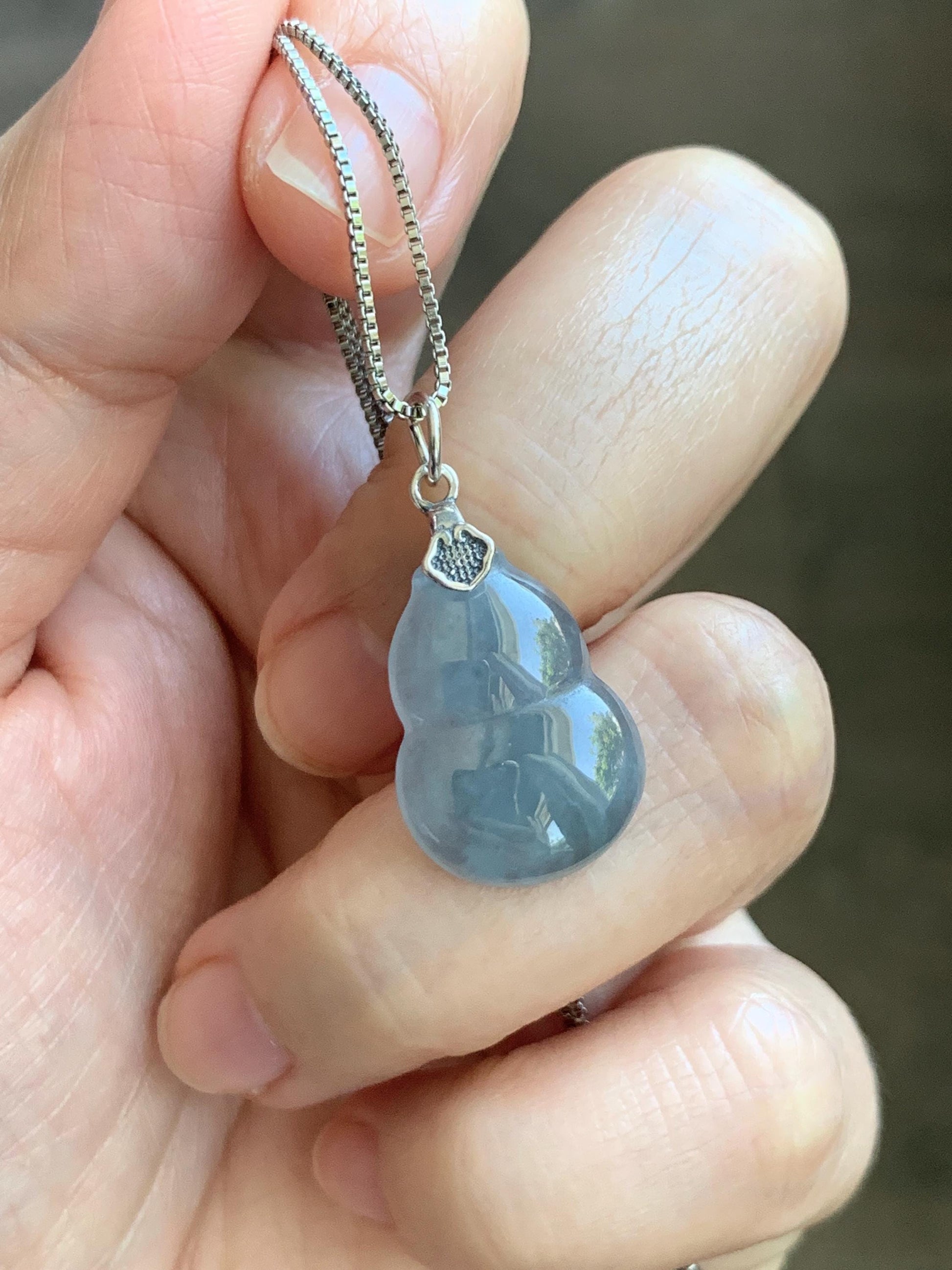 Natural Grade A Guatemalan Icy Highly Translucent Dusty Blue Jade Jadeite Gourd Hulu Pendant Sterling Silver 天然冰危蓝翡翠葫芦吊坠 WDB110-1