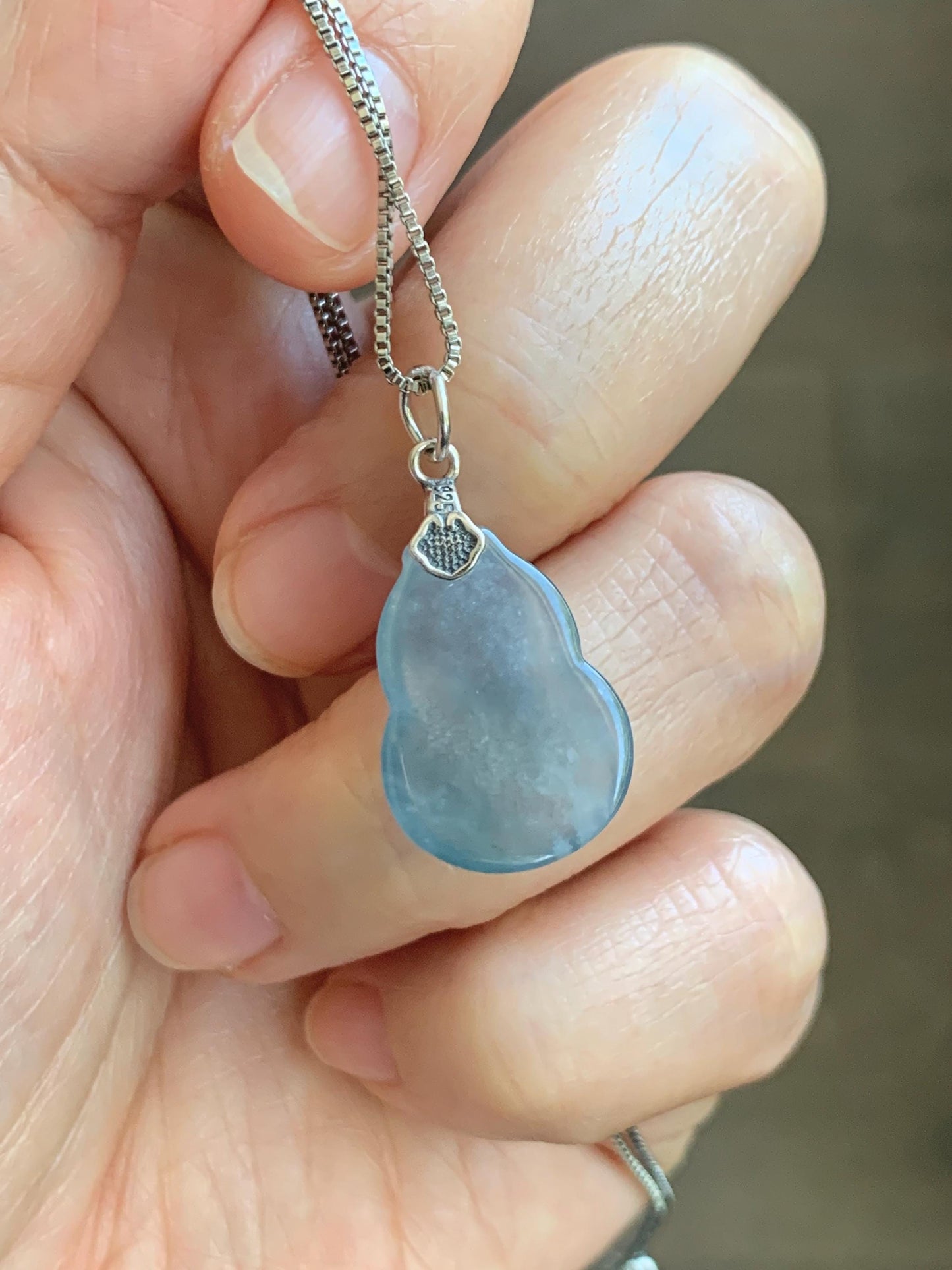 Natural Grade A Guatemalan Icy Highly Translucent Dusty Blue Jade Jadeite Gourd Hulu Pendant Sterling Silver 天然冰危蓝翡翠葫芦吊坠 WDB110-1