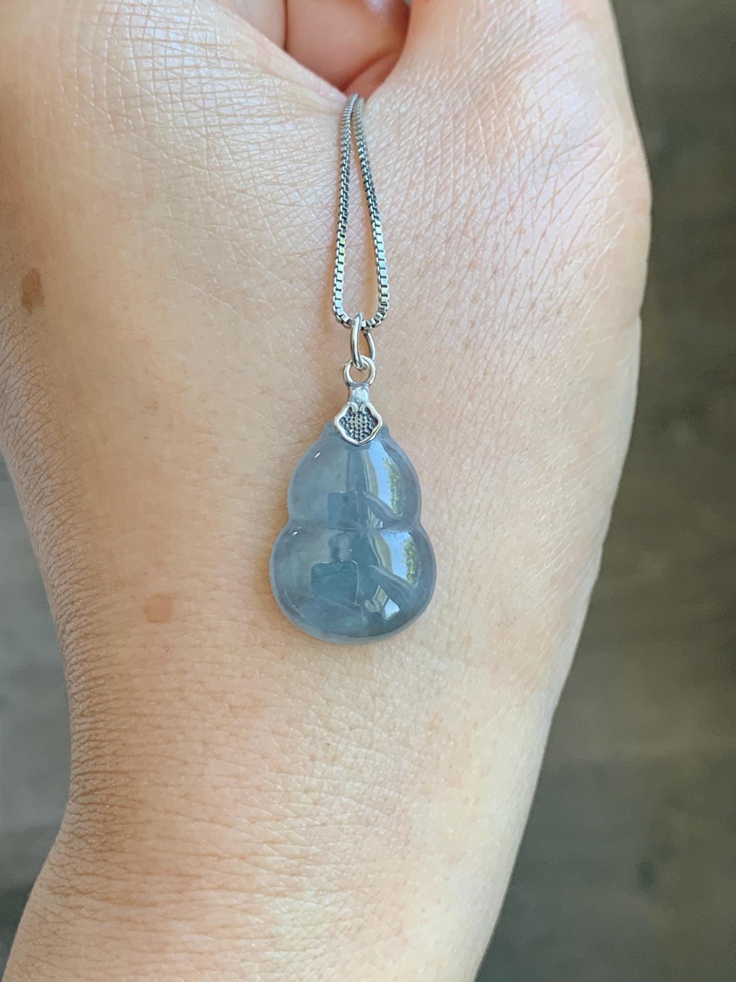 Natural Grade A Guatemalan Icy Highly Translucent Dusty Blue Jade Jadeite Gourd Hulu Pendant Sterling Silver 天然冰危蓝翡翠葫芦吊坠 WDB110-1