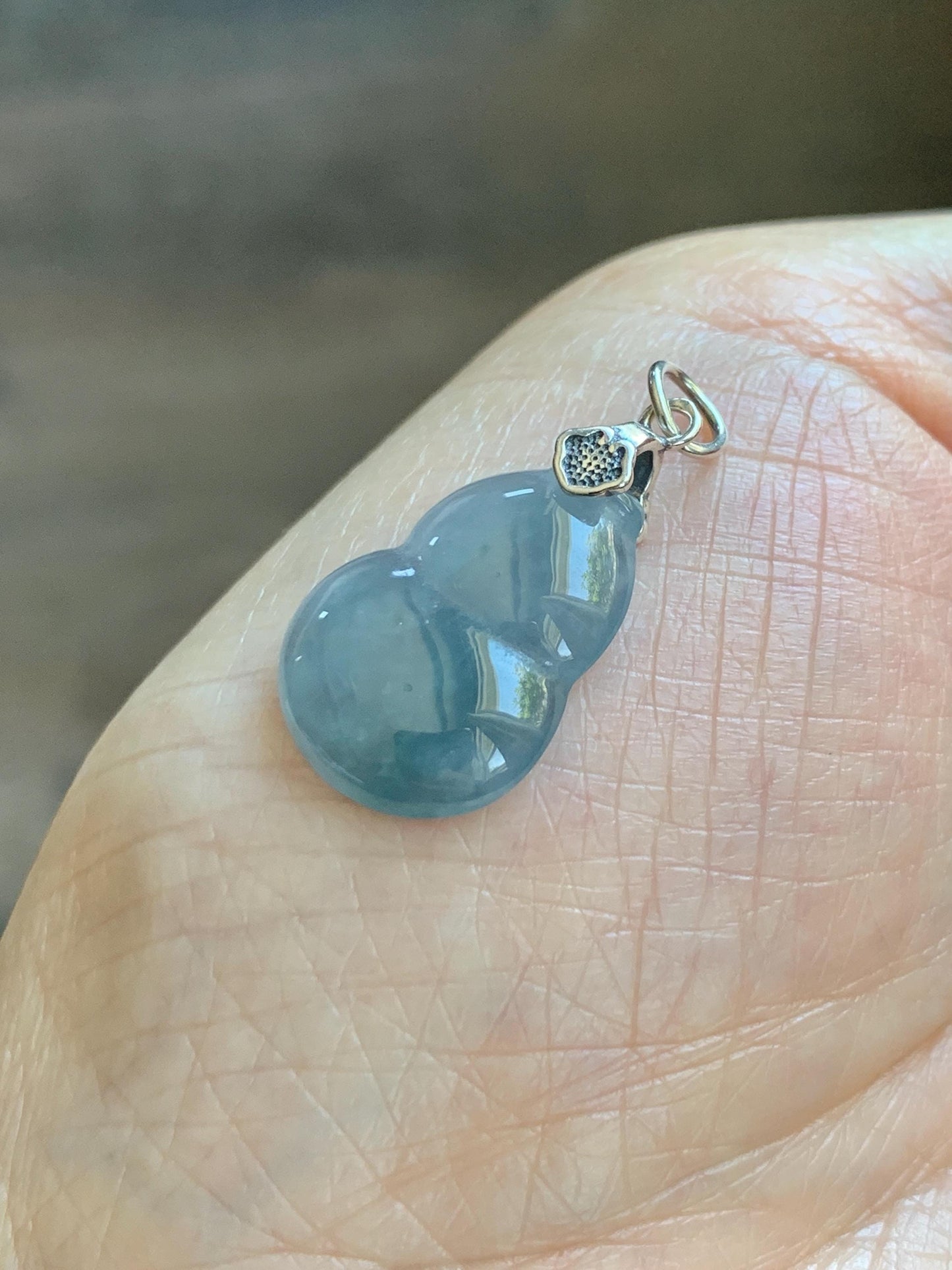 Natural Grade A Guatemalan Icy Highly Translucent Dusty Blue Jade Jadeite Gourd Hulu Pendant Sterling Silver 天然冰危蓝翡翠葫芦吊坠 WDB110-1