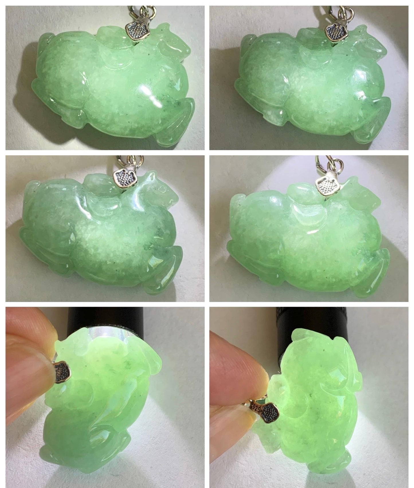 Natural Grade A Icy Translucent Icy Light Apple Green Jade Jadeite Carved Tang Horse Pendant Sterling Silver 10g 天然冰浅果绿翡翠唐马银镶吊坠 MGL160A