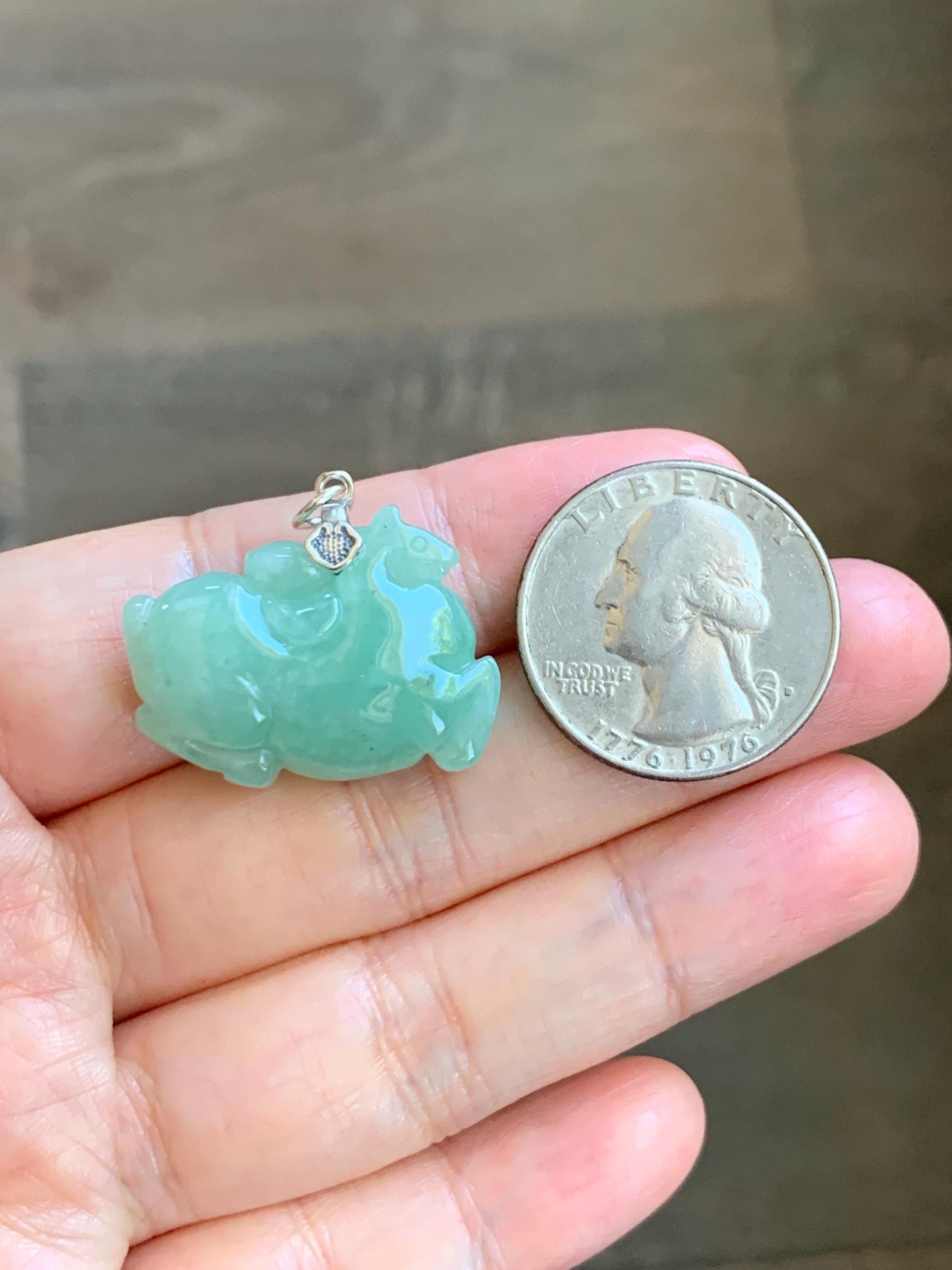 Natural Grade A Icy Translucent Icy Light Apple Green Jade Jadeite Carved Tang Horse Pendant Sterling Silver 10g 天然冰浅果绿翡翠唐马银镶吊坠 MGL160A