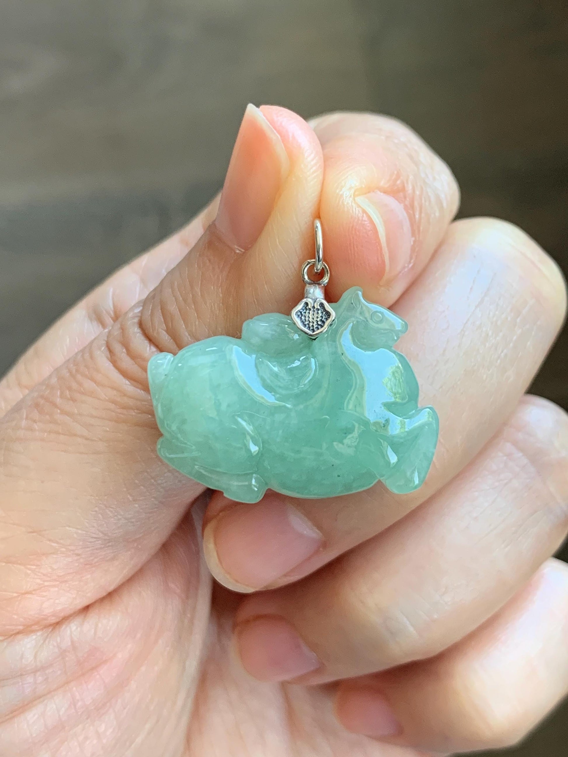 Natural Grade A Icy Translucent Icy Light Apple Green Jade Jadeite Carved Tang Horse Pendant Sterling Silver 10g 天然冰浅果绿翡翠唐马银镶吊坠 MGL160A