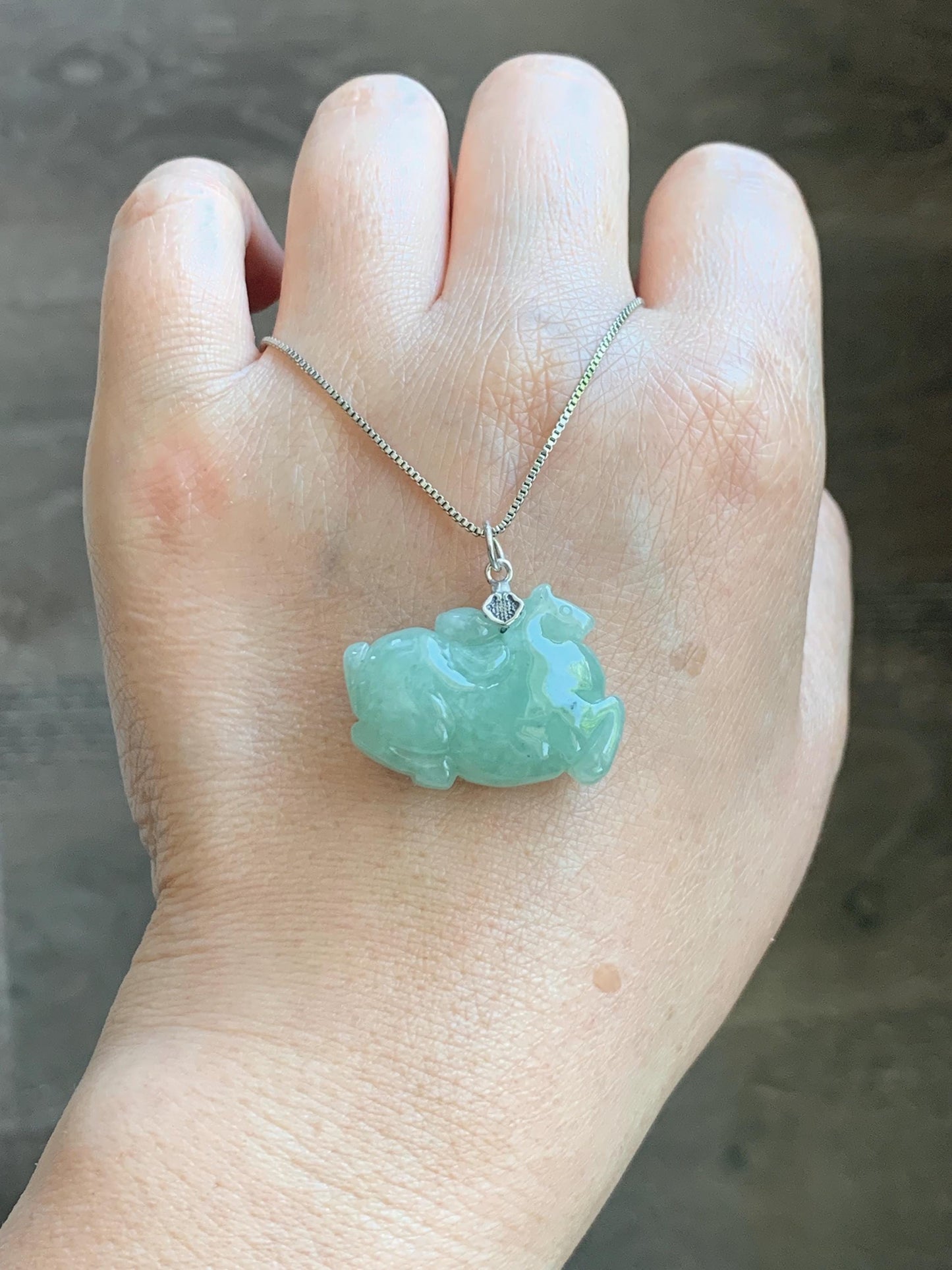 Natural Grade A Icy Translucent Icy Light Apple Green Jade Jadeite Carved Tang Horse Pendant Sterling Silver 10g 天然冰浅果绿翡翠唐马银镶吊坠 MGL160A
