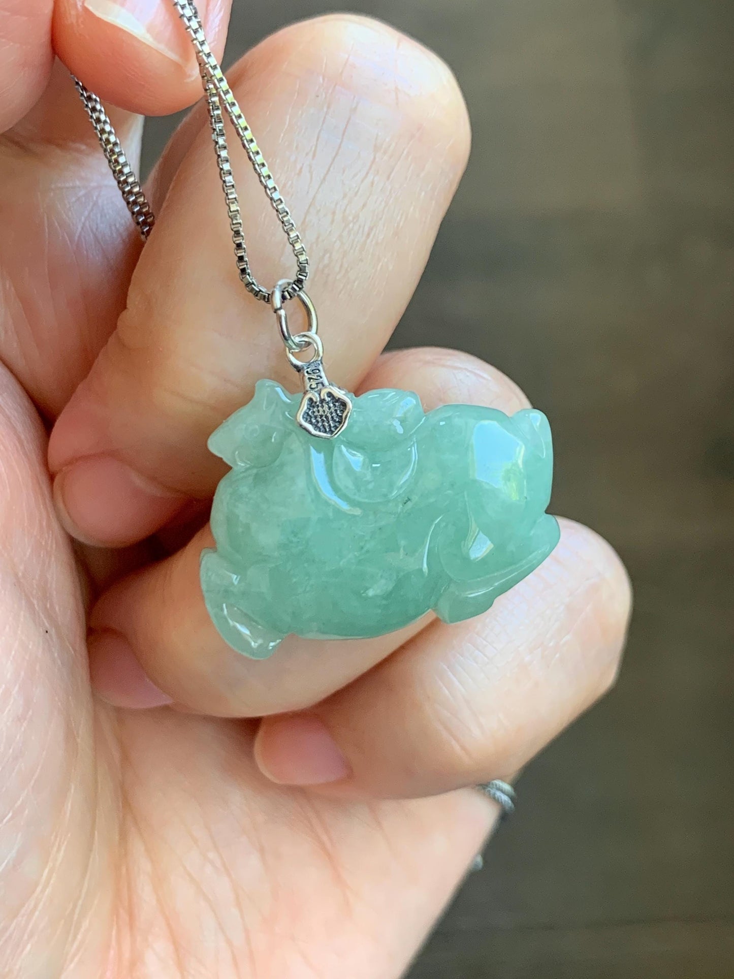 Natural Grade A Icy Translucent Icy Light Apple Green Jade Jadeite Carved Tang Horse Pendant Sterling Silver 10g 天然冰浅果绿翡翠唐马银镶吊坠 MGL160A