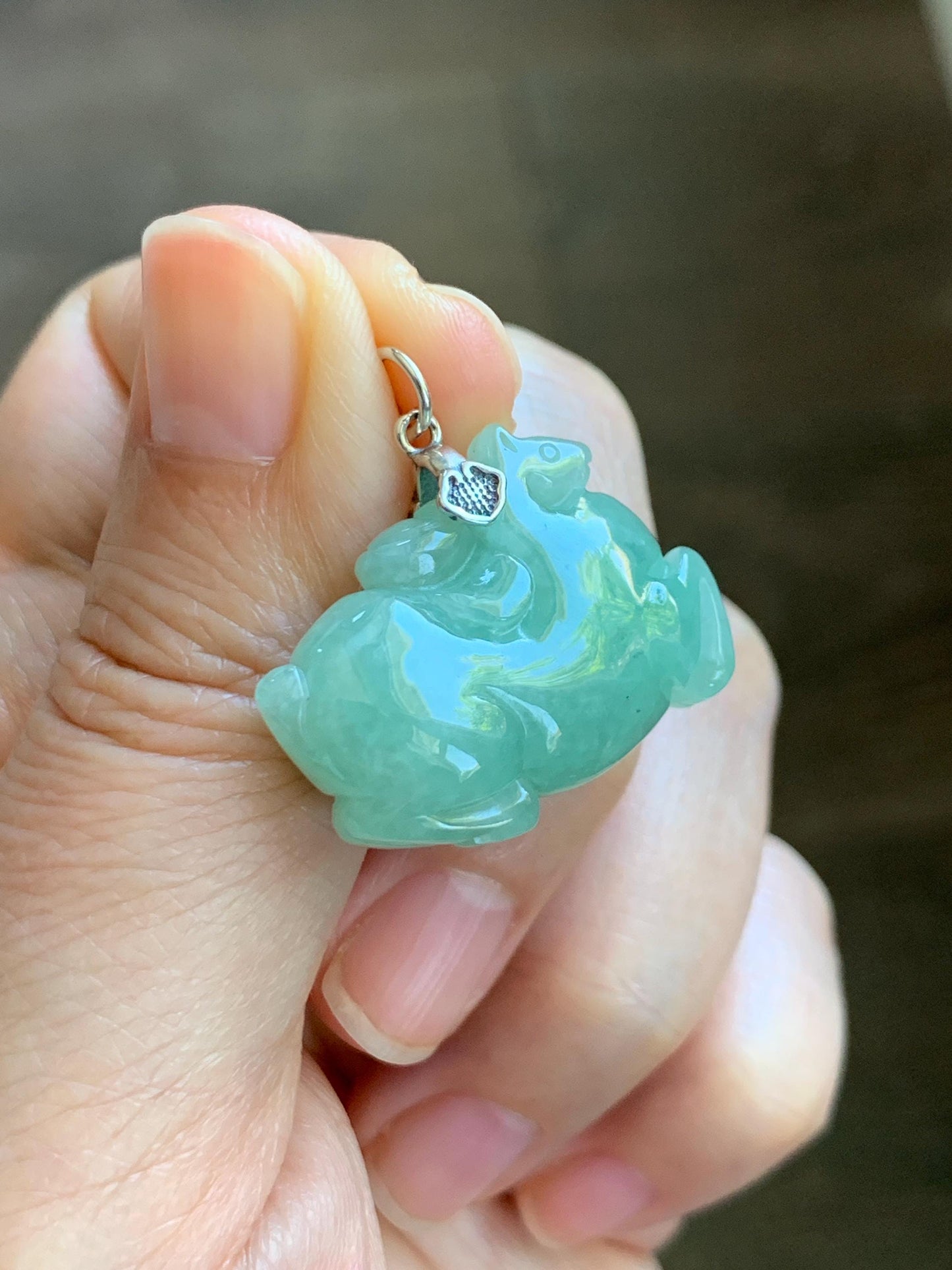 Natural Grade A Icy Translucent Icy Light Apple Green Jade Jadeite Carved Tang Horse Pendant Sterling Silver 10g 天然冰浅果绿翡翠唐马银镶吊坠 MGL160A