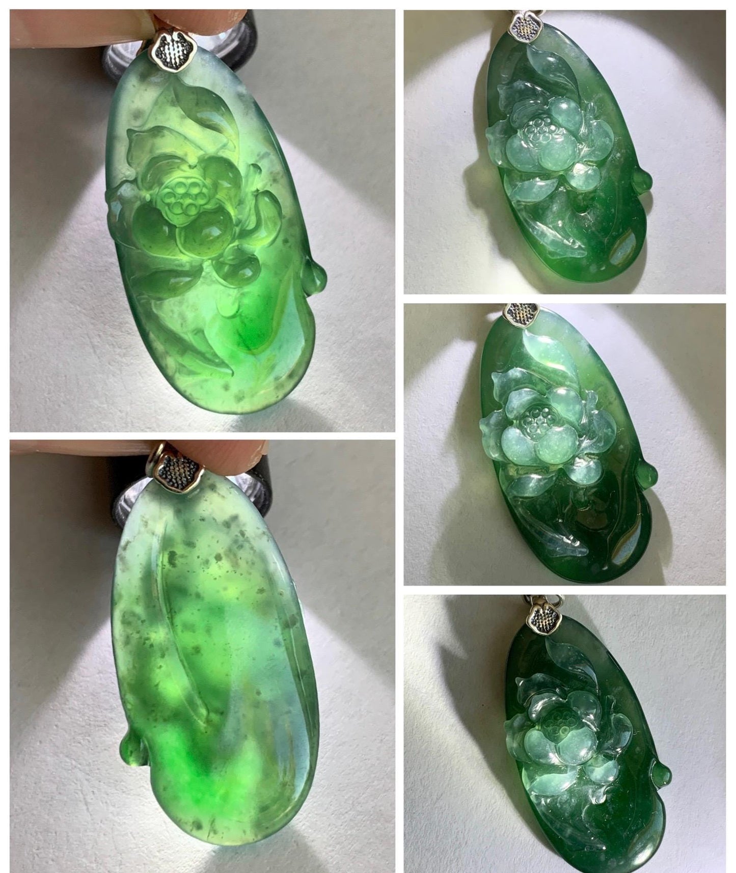 Natural Type A Guatemalan Icy Translucent Dark Teal Green Marbled Jade Jadeite Lotus Flower Fish Pendant Sterling Silver 天然冰危蓝绿翡翠荷花鱼吊坠WLY192