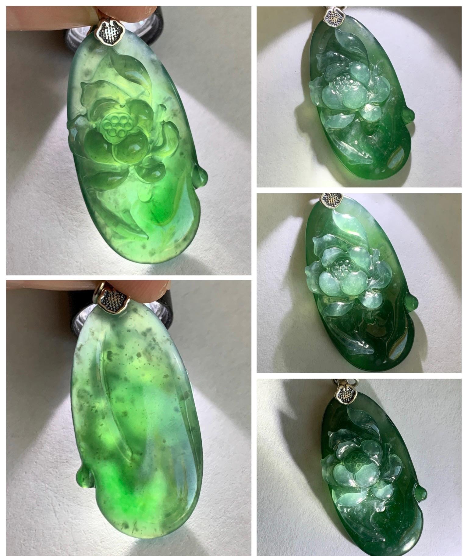 Natural Type A Guatemalan Icy Translucent Dark Teal Green Marbled Jade Jadeite Lotus Flower Fish Pendant Sterling Silver 天然冰危蓝绿翡翠荷花鱼吊坠WLY192