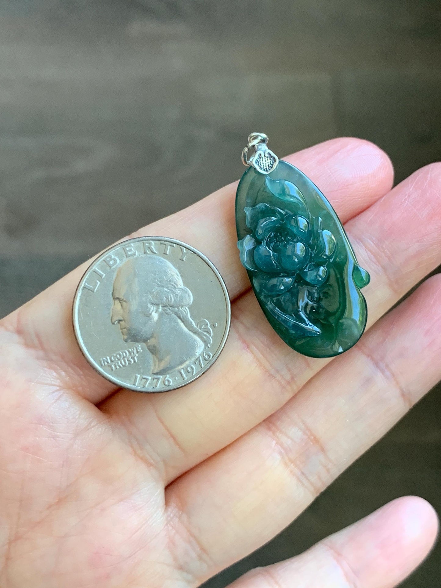Natural Type A Guatemalan Icy Translucent Dark Teal Green Marbled Jade Jadeite Lotus Flower Fish Pendant Sterling Silver 天然冰危蓝绿翡翠荷花鱼吊坠WLY192