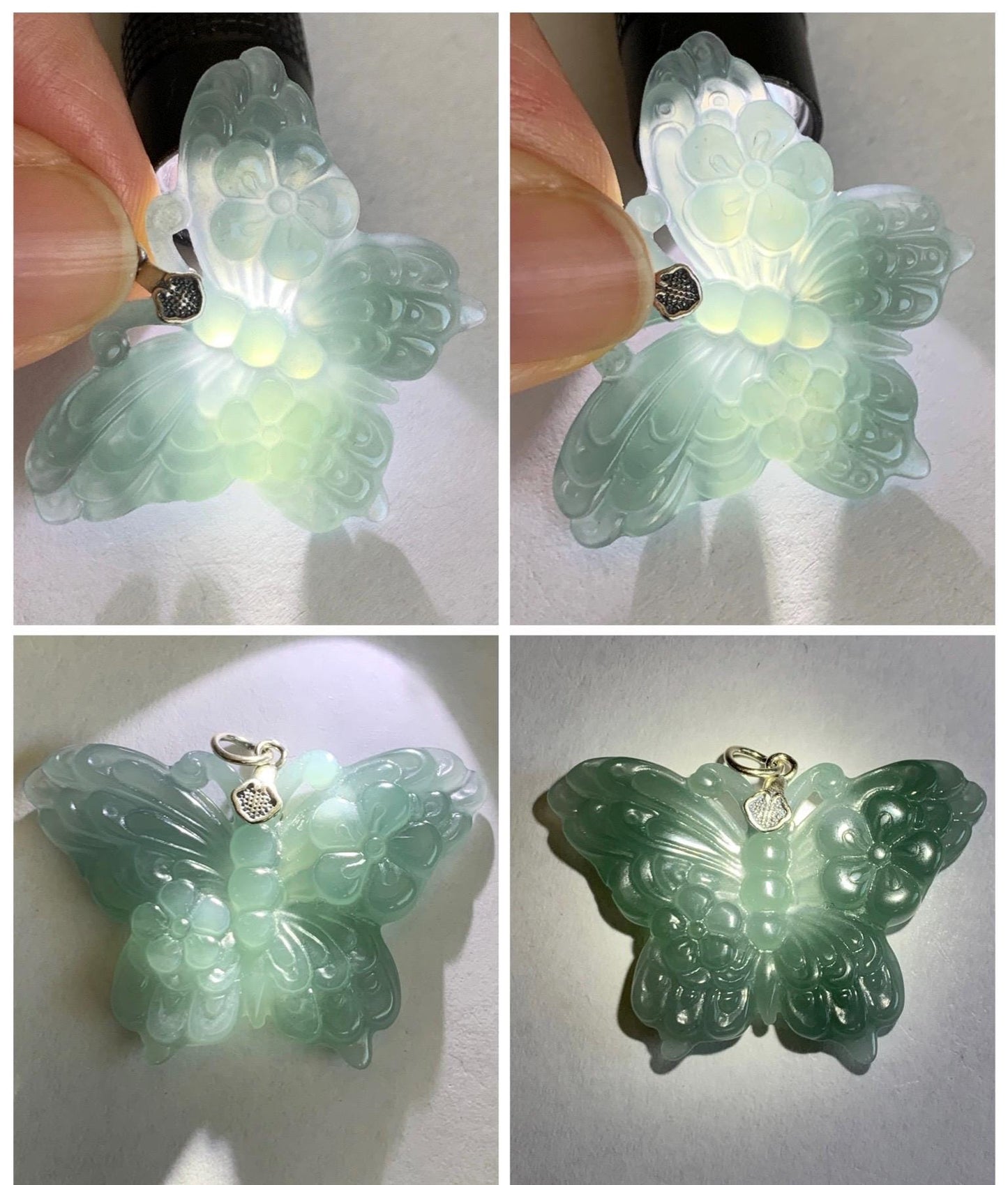 Natural Grade A Guatemalan Icy Translucent Dusty Teal Green Jade Jadeite Carved Butterfly Pendant Sterling Silver 7g 天然冰危暗蓝绿翡翠蝴蝶吊坠 WHZ110B