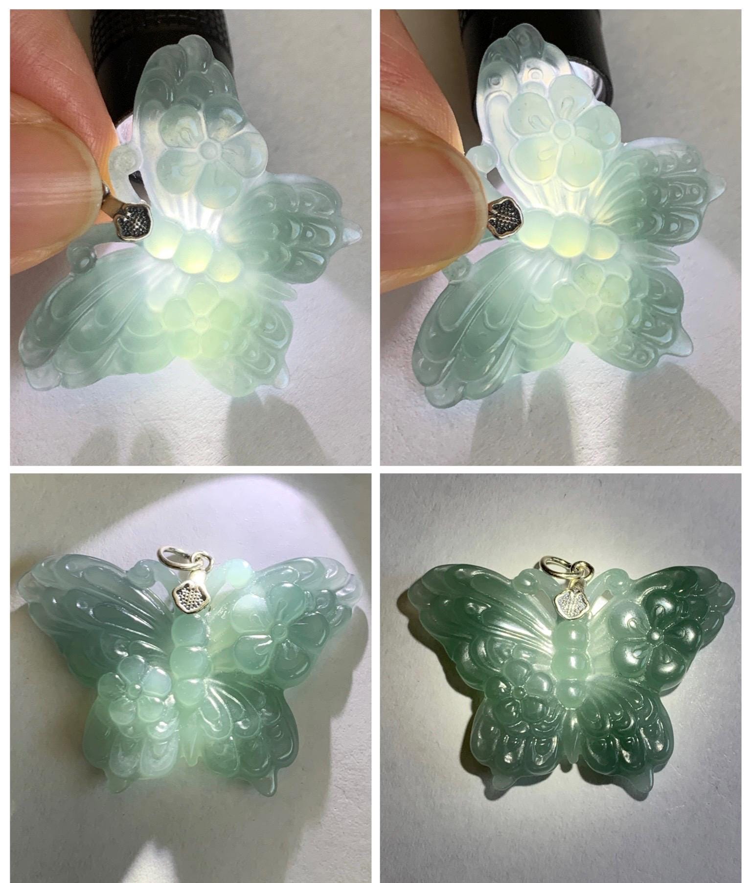 Natural Grade A Guatemalan Icy Translucent Dusty Teal Green Jade Jadeite Carved Butterfly Pendant Sterling Silver 7g 天然冰危暗蓝绿翡翠蝴蝶吊坠 WHZ110B