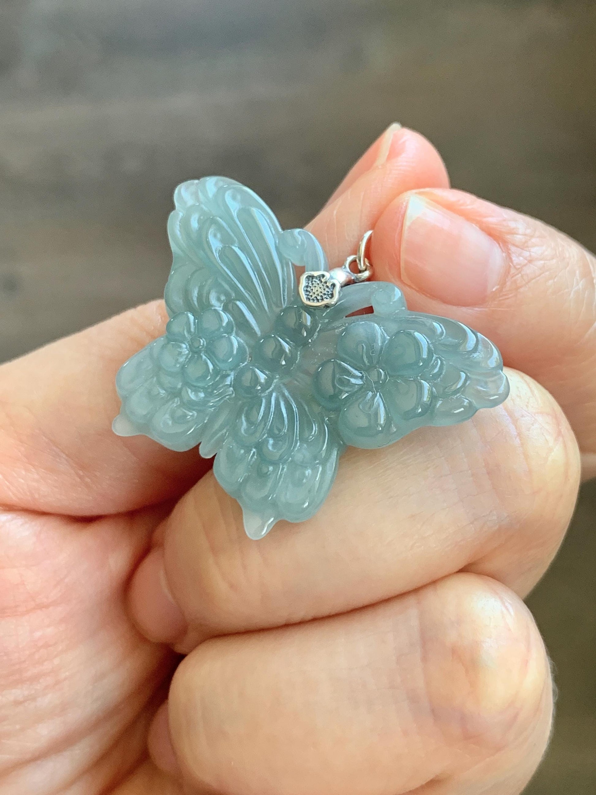 Natural Grade A Guatemalan Icy Translucent Dusty Teal Green Jade Jadeite Carved Butterfly Pendant Sterling Silver 7g 天然冰危暗蓝绿翡翠蝴蝶吊坠 WHZ110B
