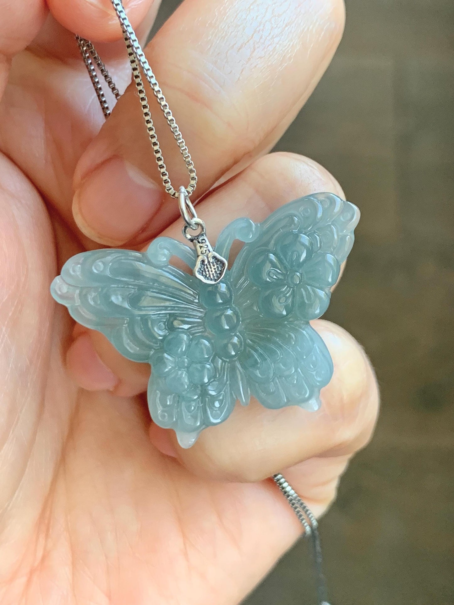 Natural Grade A Guatemalan Icy Translucent Dusty Teal Green Jade Jadeite Carved Butterfly Pendant Sterling Silver 7g 天然冰危暗蓝绿翡翠蝴蝶吊坠 WHZ110B