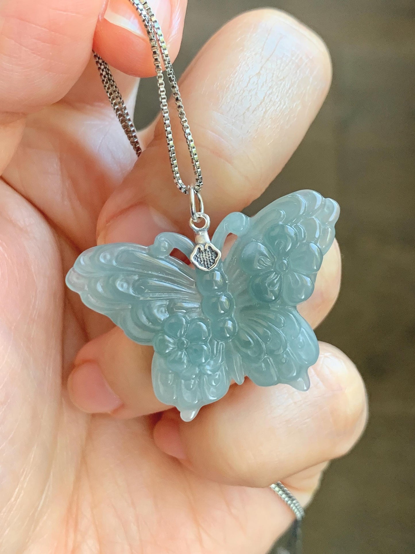 Natural Grade A Guatemalan Icy Translucent Dusty Teal Green Jade Jadeite Carved Butterfly Pendant Sterling Silver 7g 天然冰危暗蓝绿翡翠蝴蝶吊坠 WHZ110B
