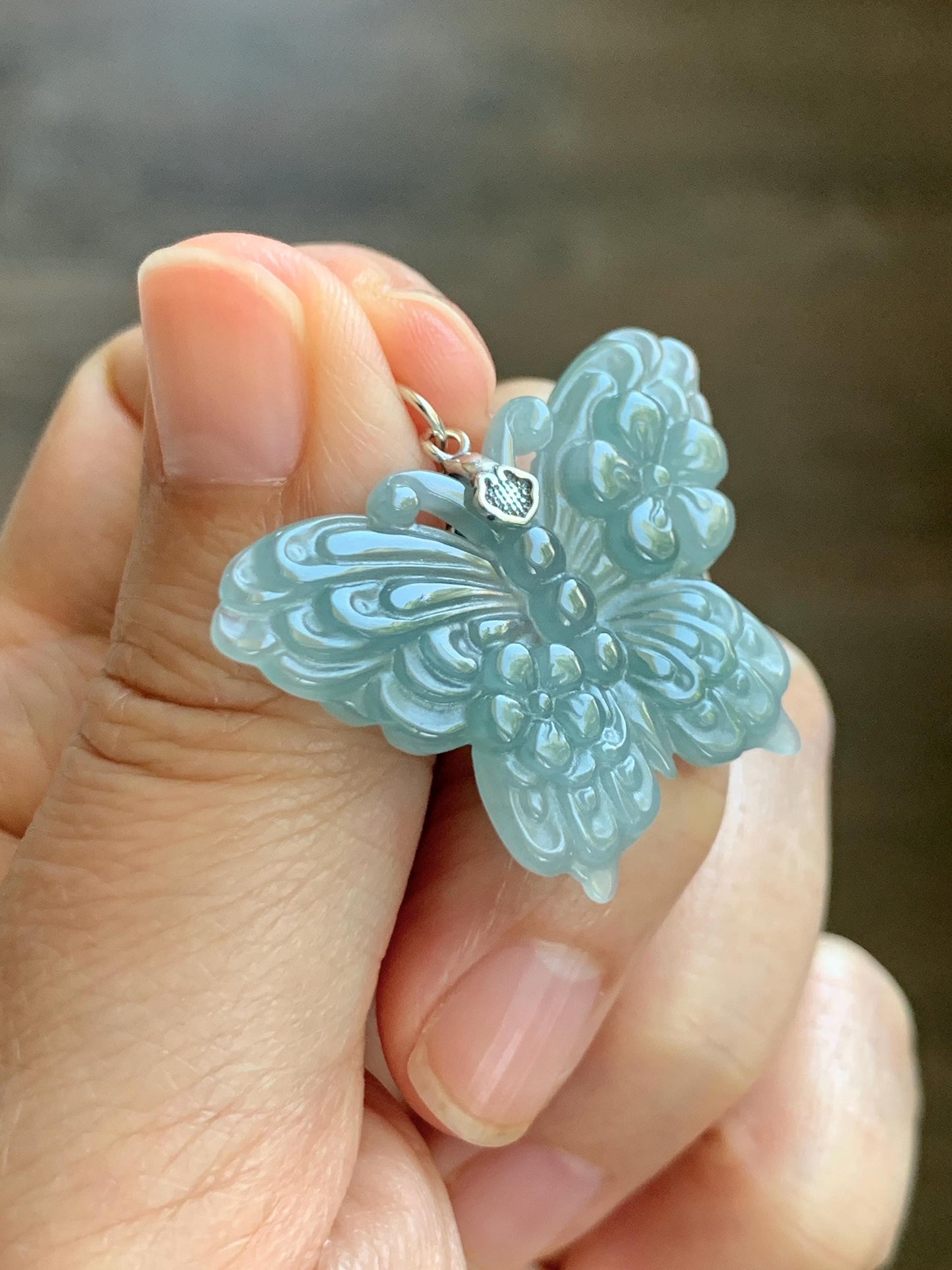 Natural Grade A Guatemalan Icy Translucent Dusty Teal Green Jade Jadeite Carved Butterfly Pendant Sterling Silver 7g 天然冰危暗蓝绿翡翠蝴蝶吊坠 WHZ110B