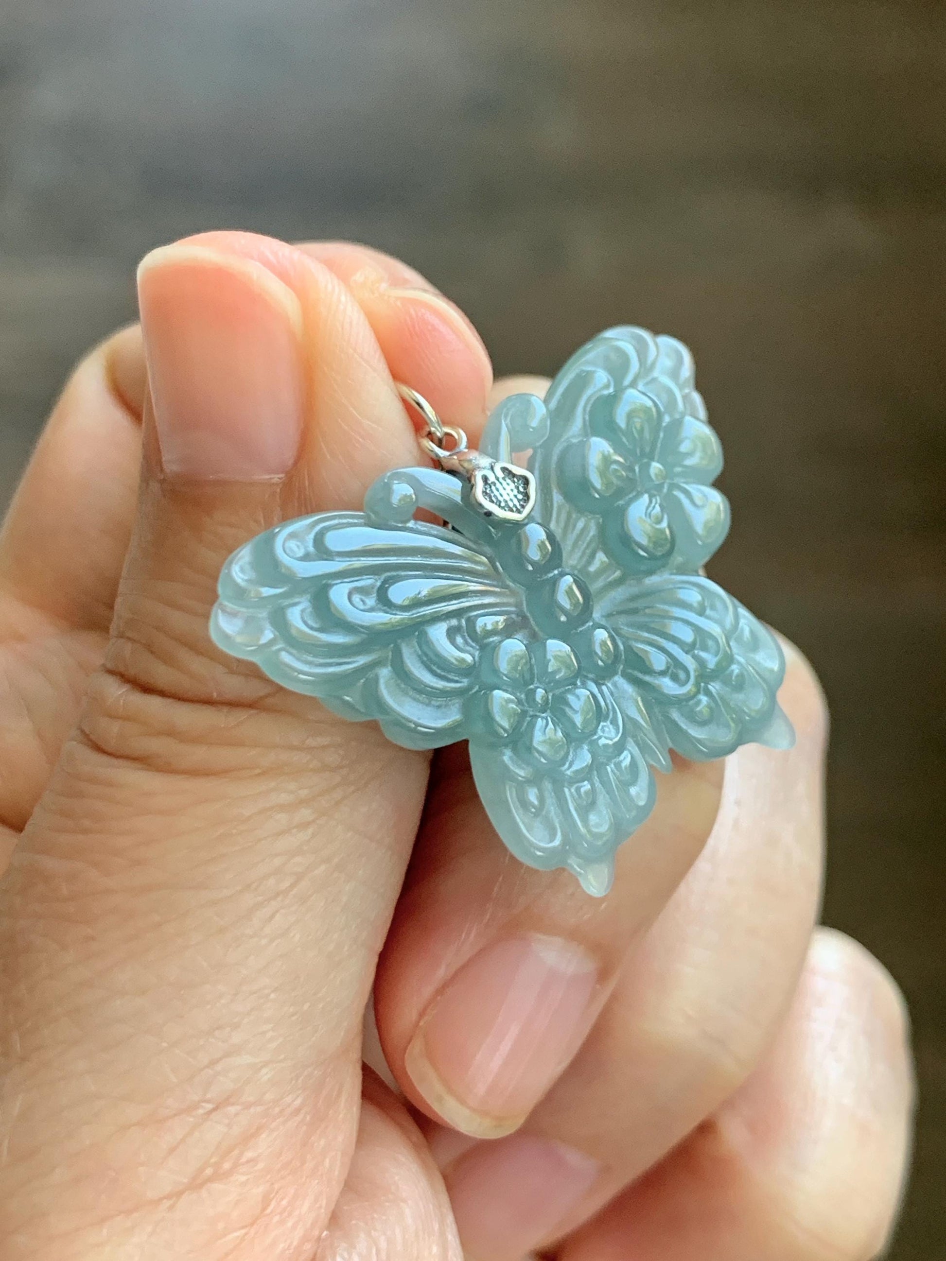 Natural Grade A Guatemalan Icy Translucent Dusty Teal Green Jade Jadeite Carved Butterfly Pendant Sterling Silver 7g 天然冰危暗蓝绿翡翠蝴蝶吊坠 WHZ110B
