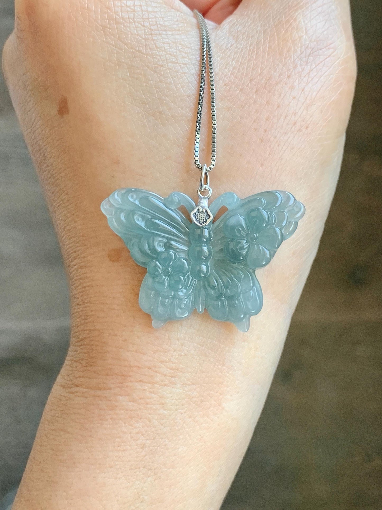 Natural Grade A Guatemalan Icy Translucent Dusty Teal Green Jade Jadeite Carved Butterfly Pendant Sterling Silver 7g 天然冰危暗蓝绿翡翠蝴蝶吊坠 WHZ110B
