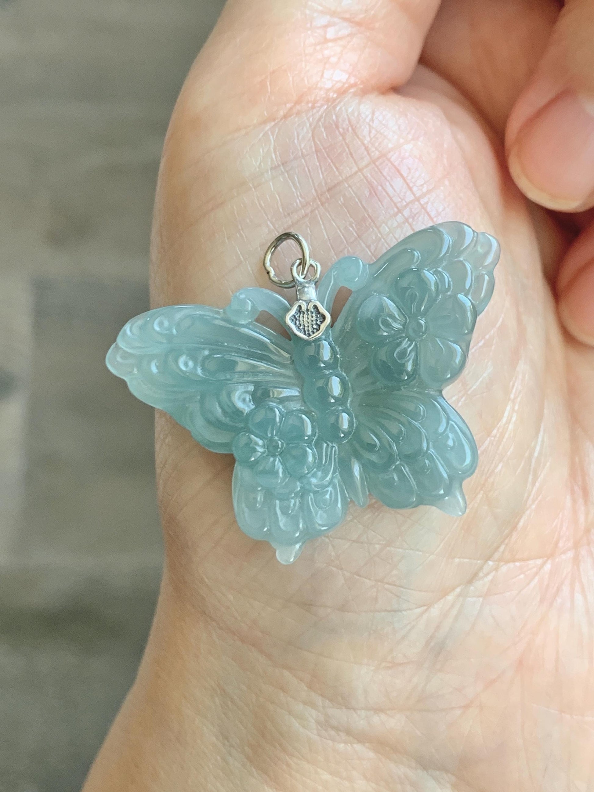 Natural Grade A Guatemalan Icy Translucent Dusty Teal Green Jade Jadeite Carved Butterfly Pendant Sterling Silver 7g 天然冰危暗蓝绿翡翠蝴蝶吊坠 WHZ110B