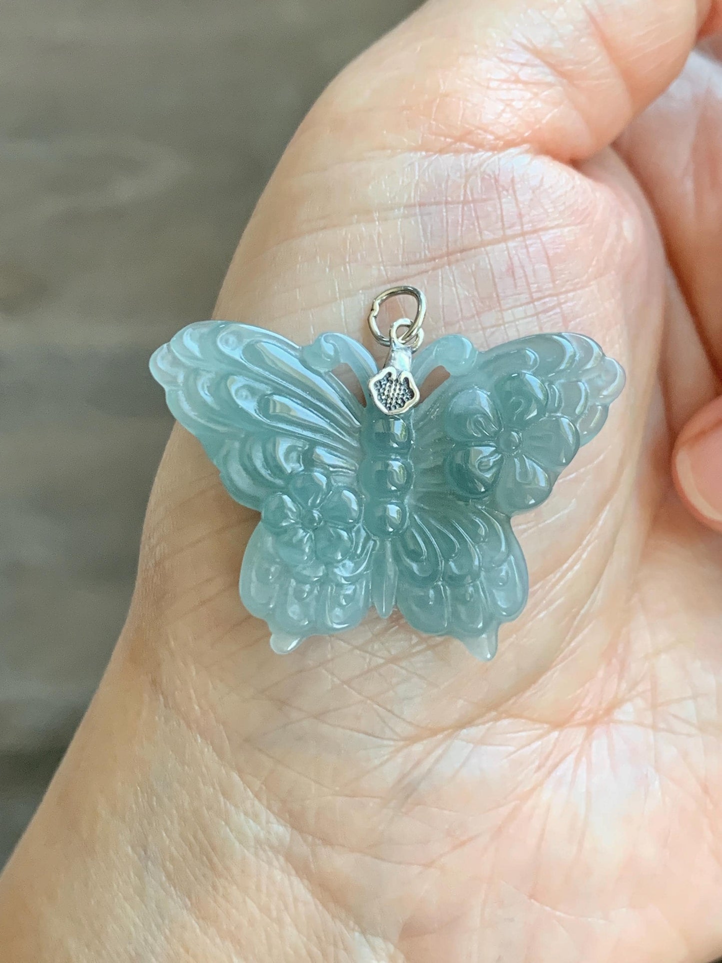 Natural Grade A Guatemalan Icy Translucent Dusty Teal Green Jade Jadeite Carved Butterfly Pendant Sterling Silver 7g 天然冰危暗蓝绿翡翠蝴蝶吊坠 WHZ110B