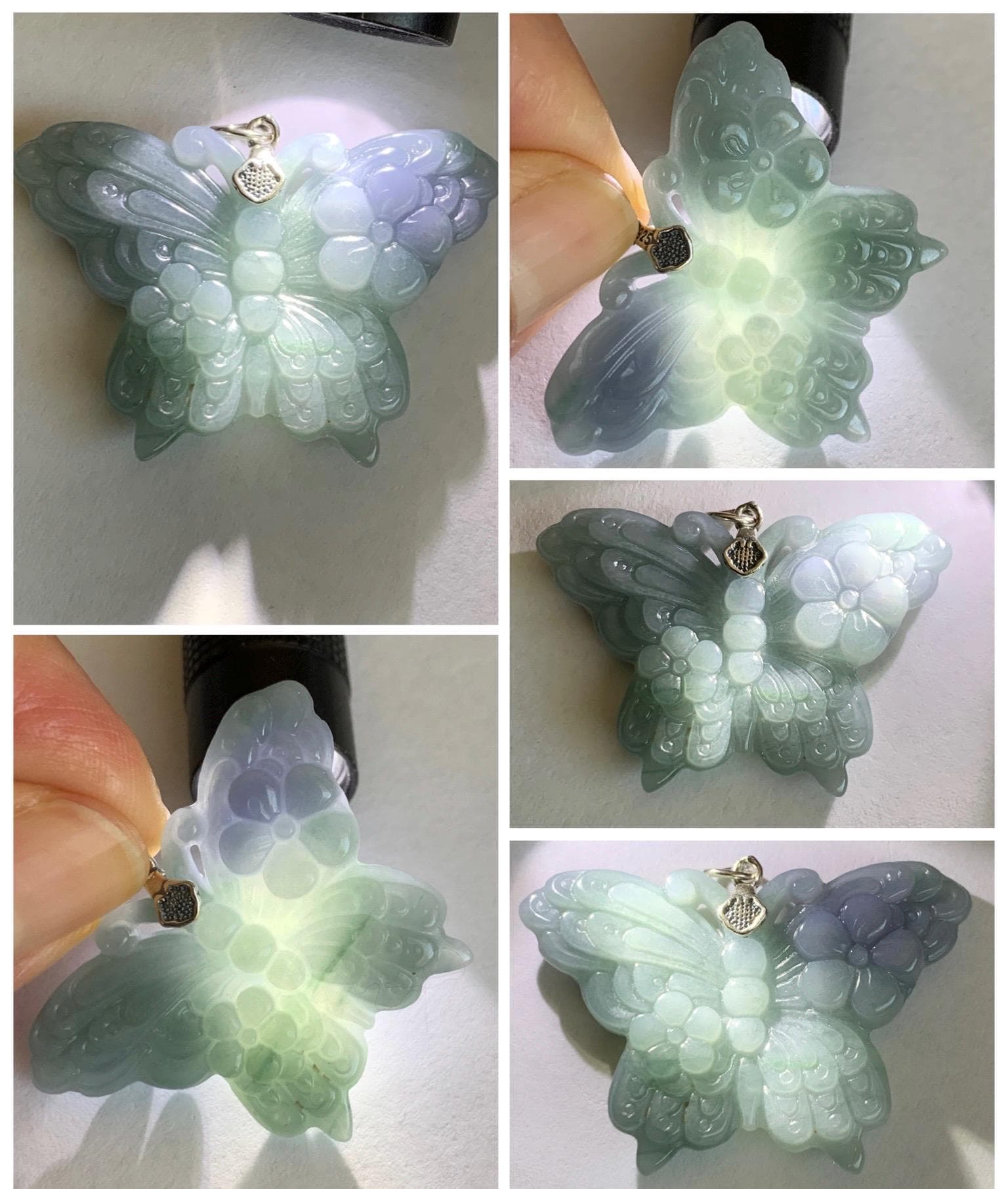Natural Type A Guatemalan Icy Translucent Light Dusty Blue Purple Marbled Jadeite Butterfly Pendant Sterling Silver 天然冰危暗蓝飘紫翡翠蝴蝶吊坠 WHZ110A