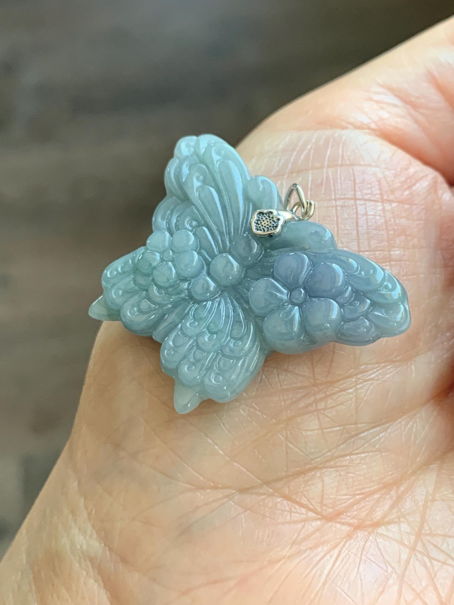 Natural Type A Guatemalan Icy Translucent Light Dusty Blue Purple Marbled Jadeite Butterfly Pendant Sterling Silver 天然冰危暗蓝飘紫翡翠蝴蝶吊坠 WHZ110A